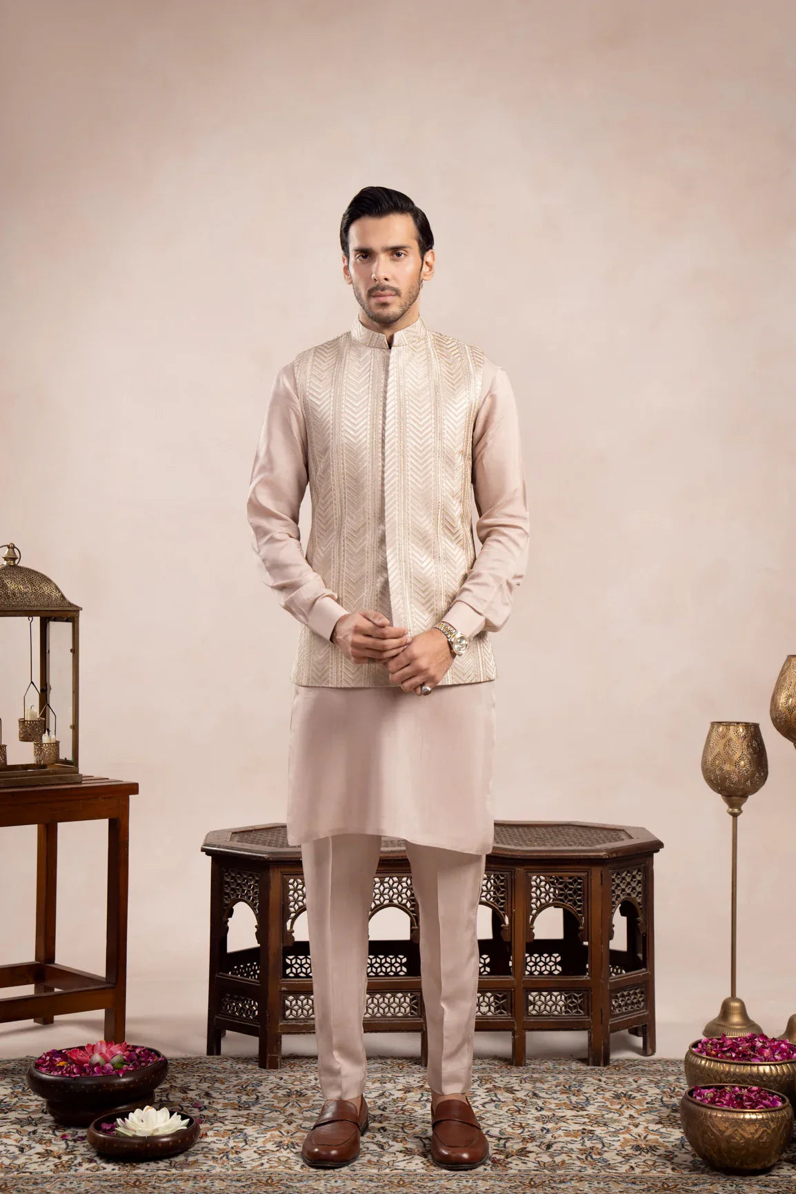 Coffee Beige Kurta Trouser with Arrow Embroidered Waistcoat - 3PC - Men - Muraqsh -- Wedding Wear