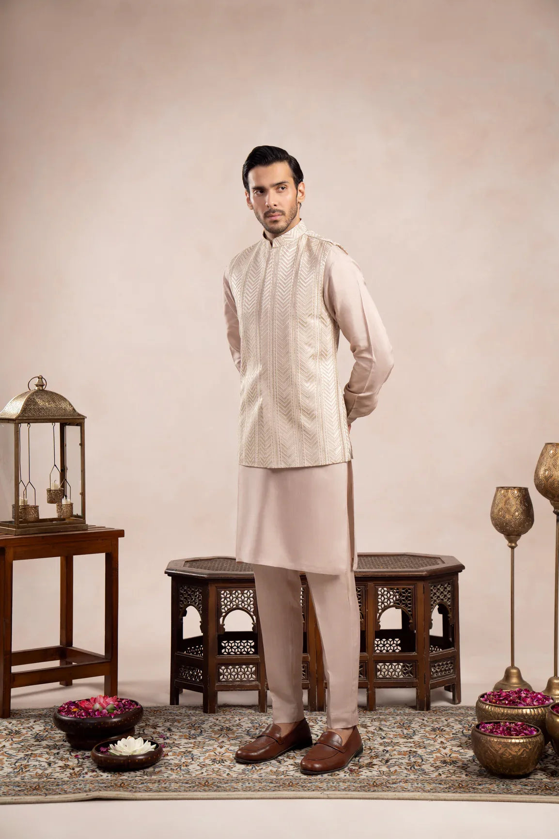 Coffee Beige Kurta Trouser with Arrow Embroidered Waistcoat - 3PC - Men - Muraqsh -- Wedding Wear