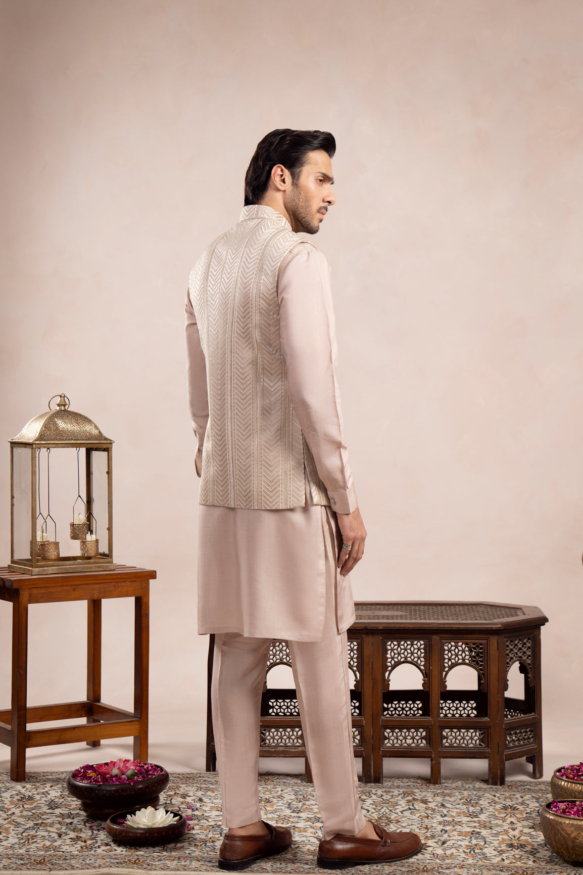 Coffee Beige Kurta Trouser with Arrow Embroidered Waistcoat - 3PC - Men