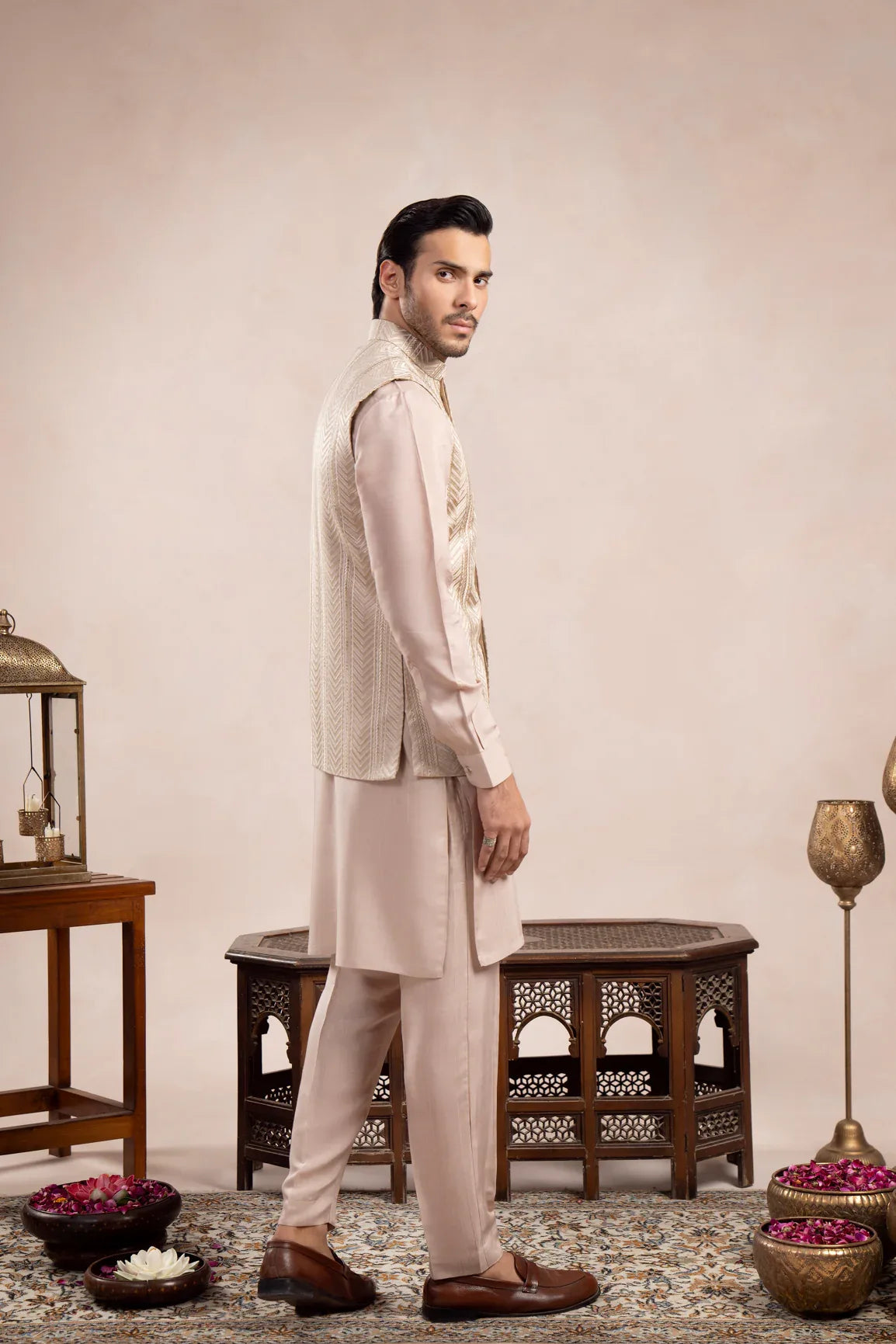Coffee Beige Kurta Trouser with Arrow Embroidered Waistcoat - 3PC - Men - Muraqsh -- Wedding Wear