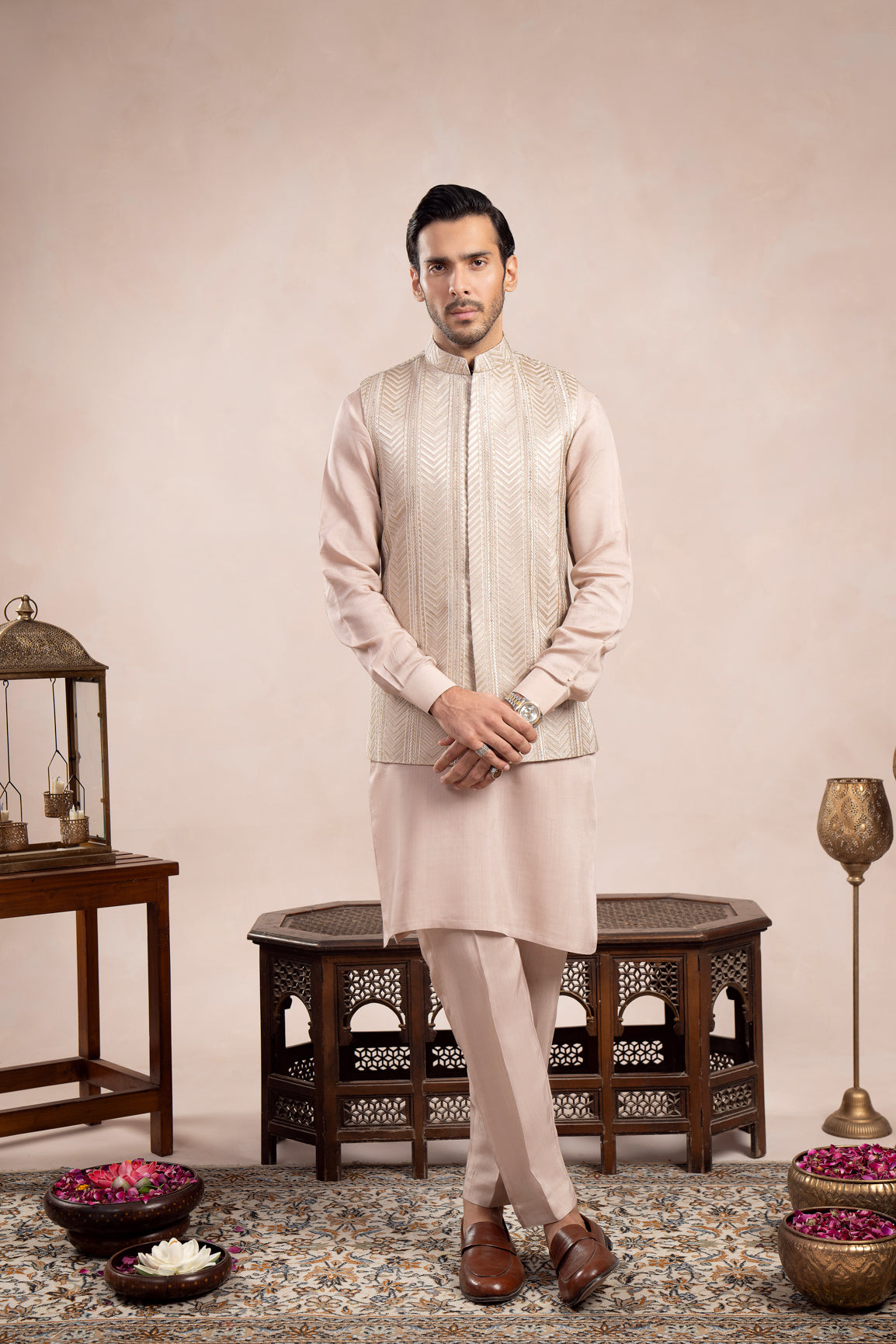 Coffee Beige Kurta Trouser with Arrow Embroidered Waistcoat - 3PC - Men