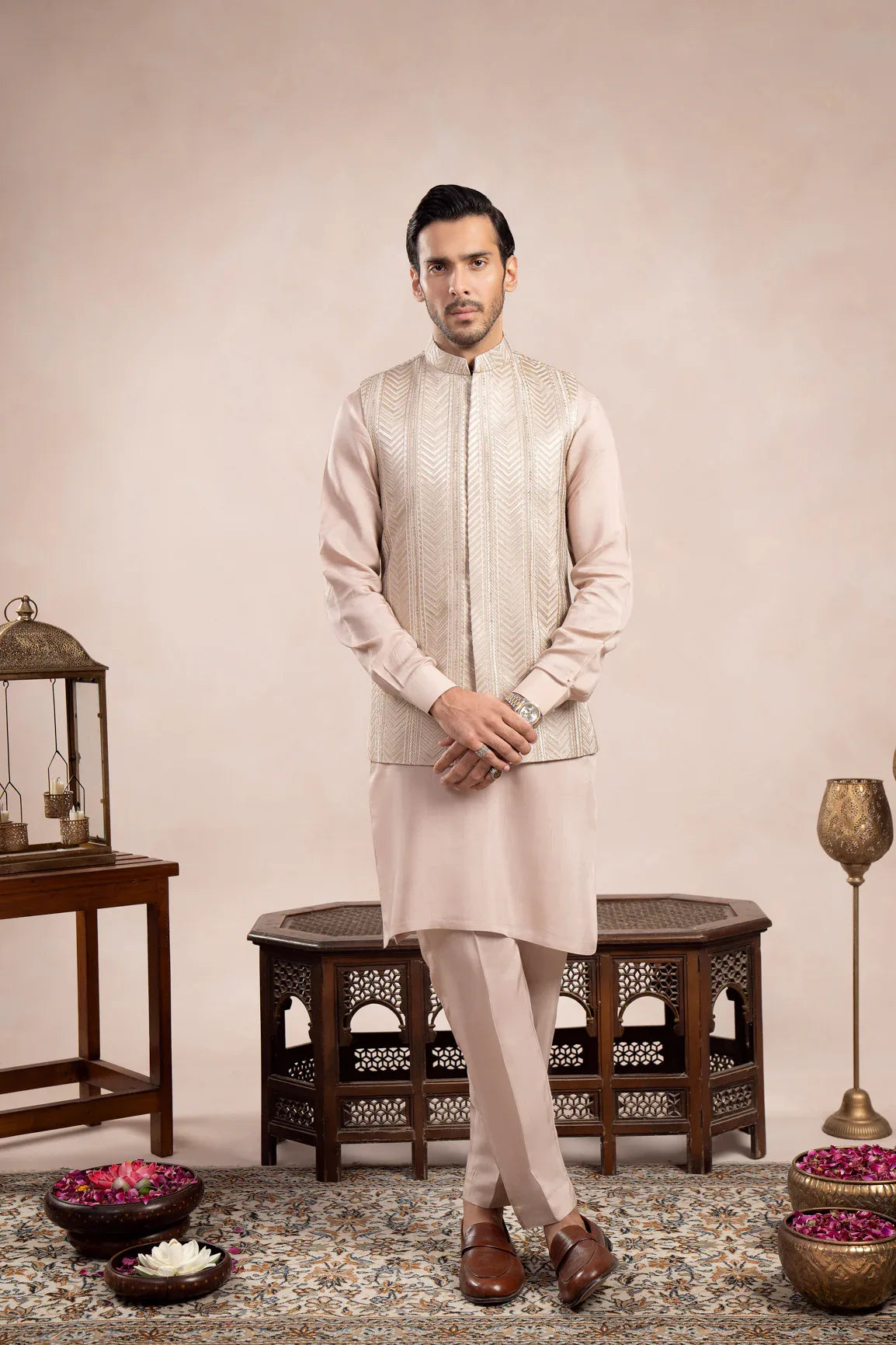 Coffee Beige Kurta Trouser with Arrow Embroidered Waistcoat - 3PC - Men - Muraqsh -- Wedding Wear