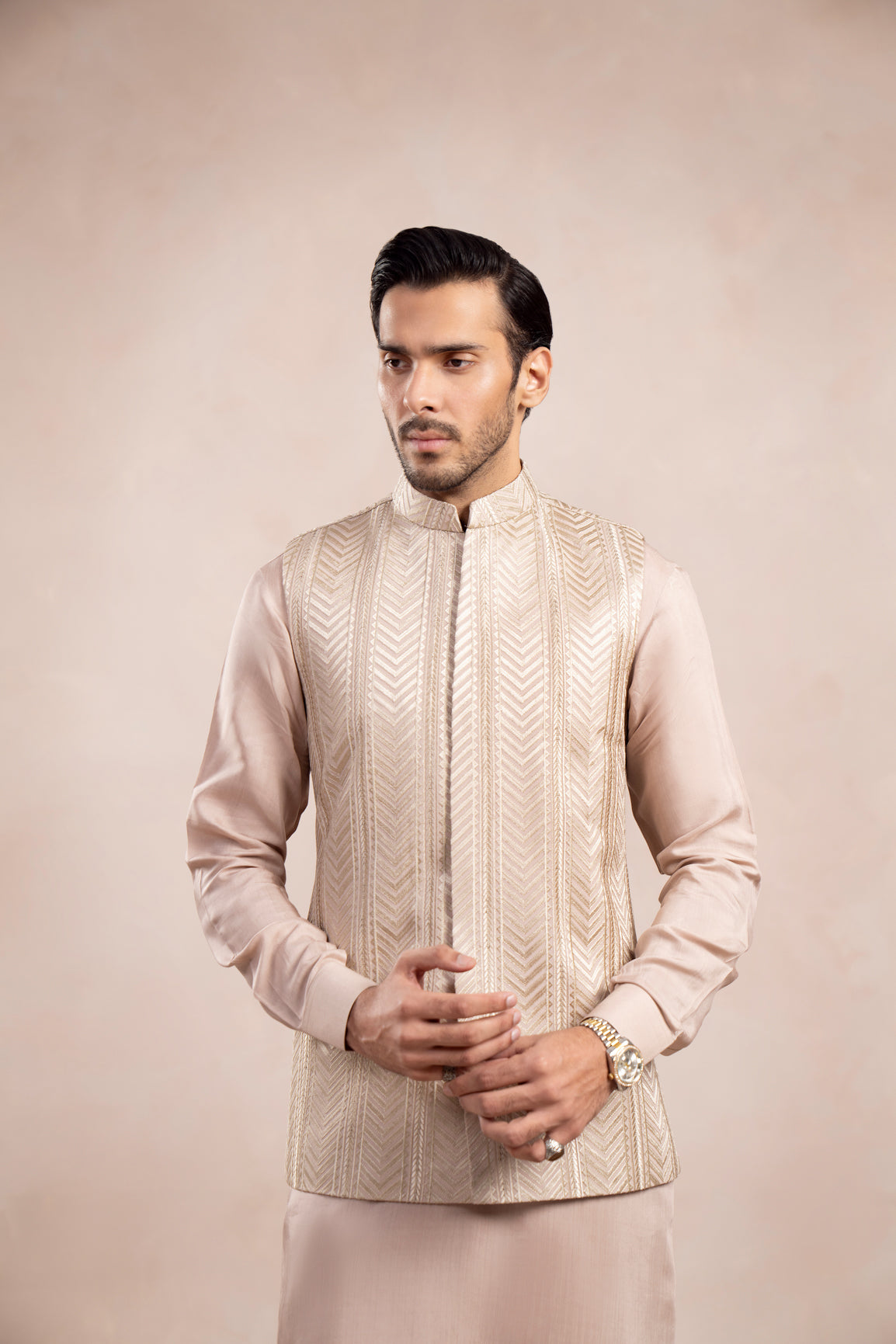Coffee Beige Arrow Embroidered Waistcoat - Men