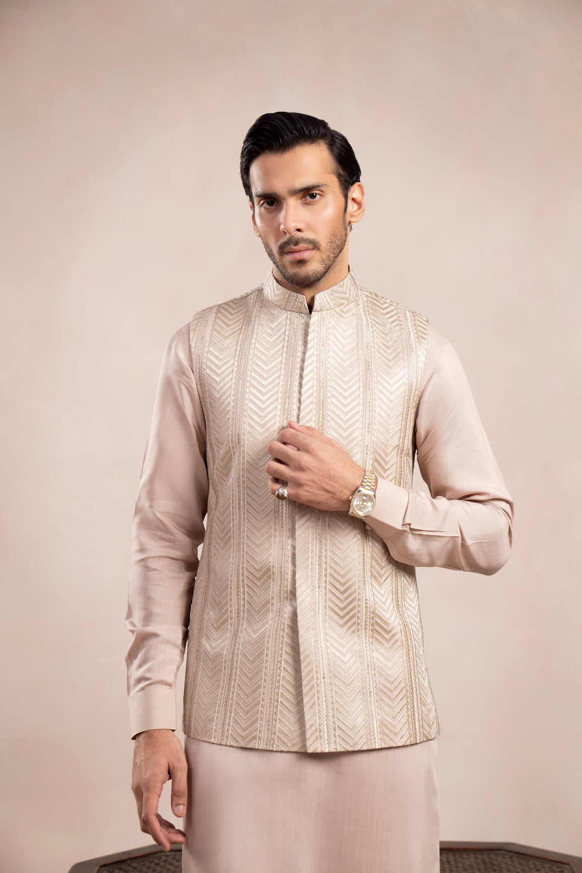 Coffee Beige Kurta Trouser with Arrow Embroidered Waistcoat - 3PC - Men