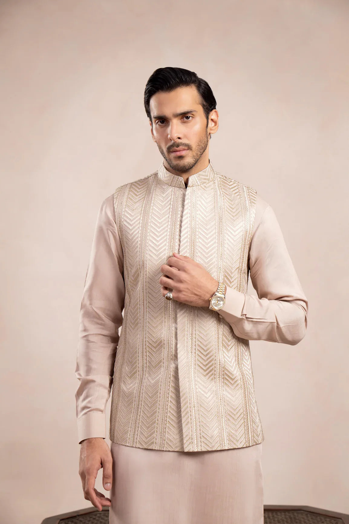 Coffee Beige Kurta Trouser with Arrow Embroidered Waistcoat - 3PC - Men - Muraqsh -- Wedding Wear