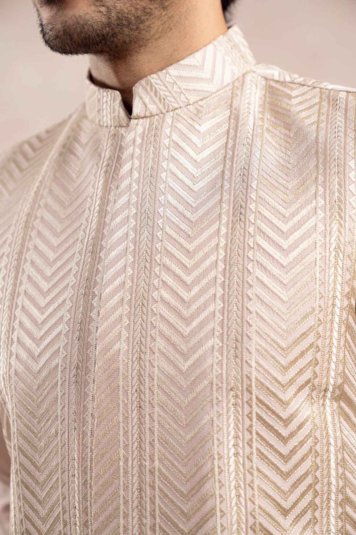 Coffee Beige Kurta Trouser with Arrow Embroidered Waistcoat - 3PC - Men