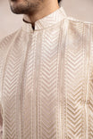 Coffee Beige Kurta Trouser with Arrow Embroidered Waistcoat - 3PC - Men - Muraqsh -- Wedding Wear