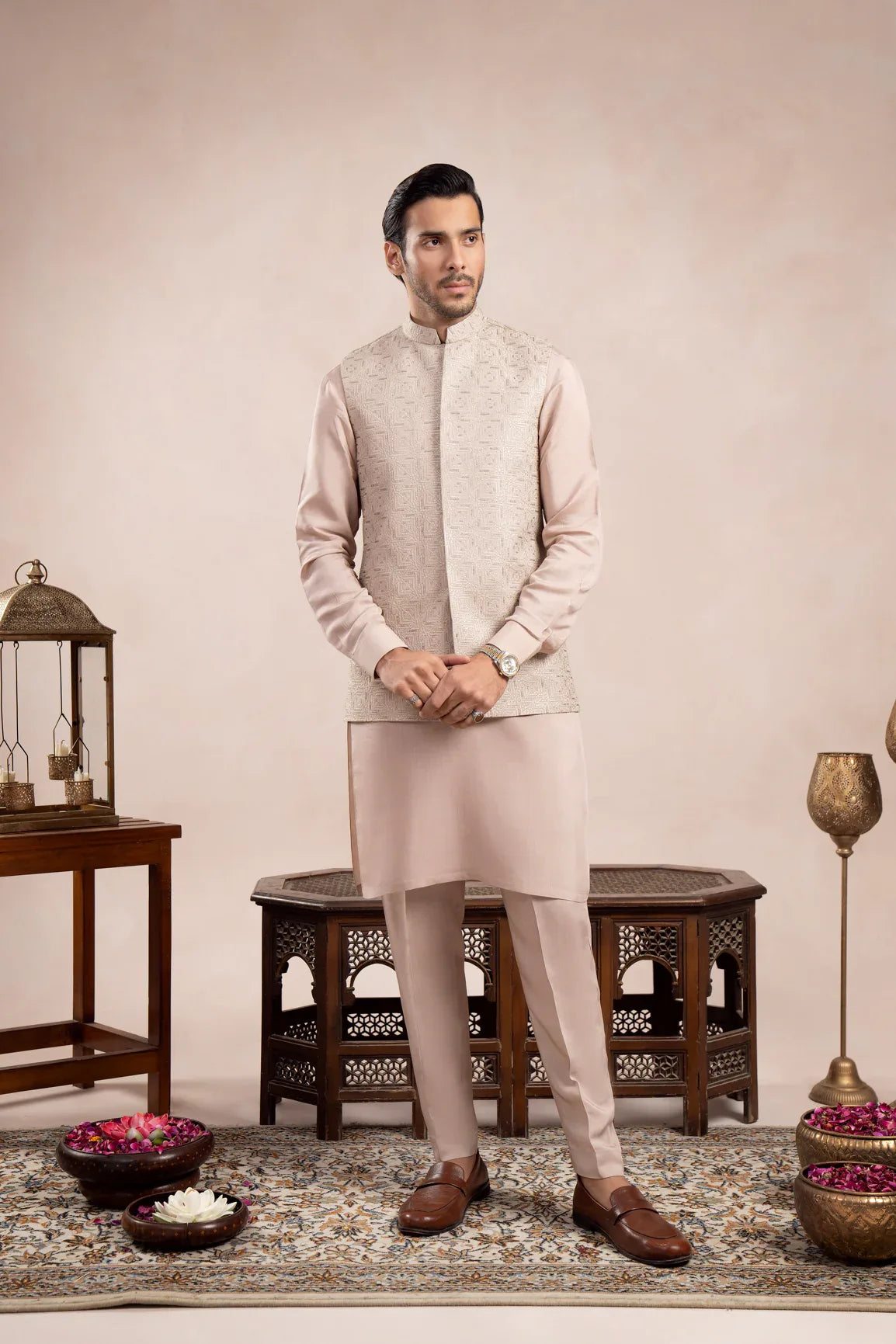 Coffee Beige Arrow Embroidered Waistcoat - Men - Muraqsh -- Wedding Wear