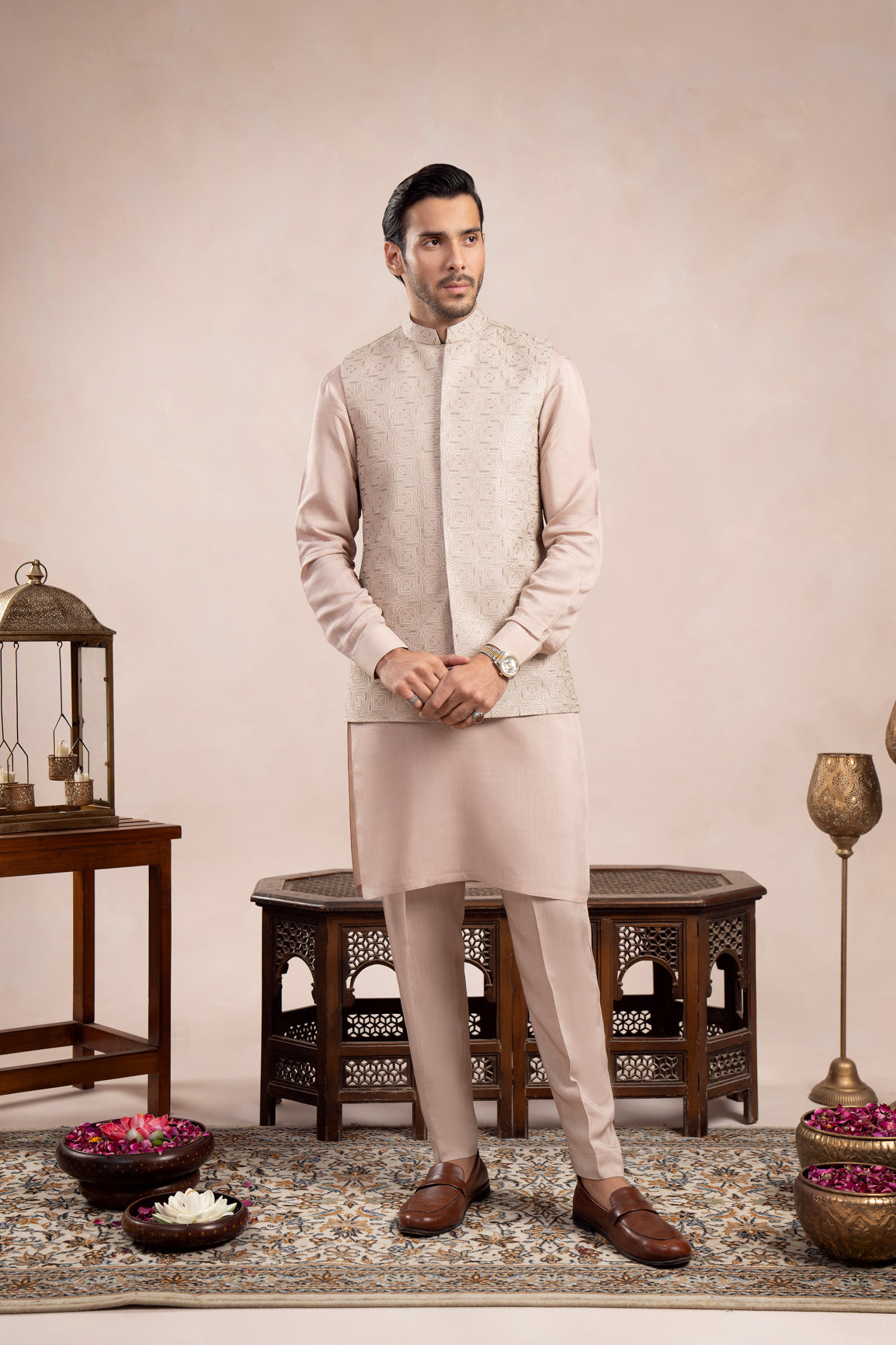 Coffee Beige Kurta Trouser with Square Embroidered Waistcoat - 3PC - Men