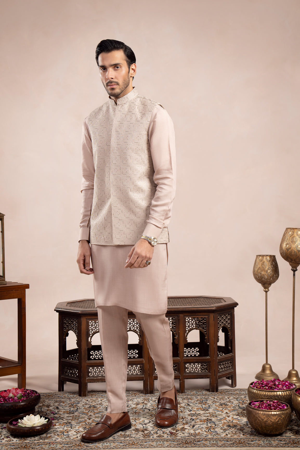 Coffee Beige Kurta Trouser with Square Embroidered Waistcoat - 3PC - Men