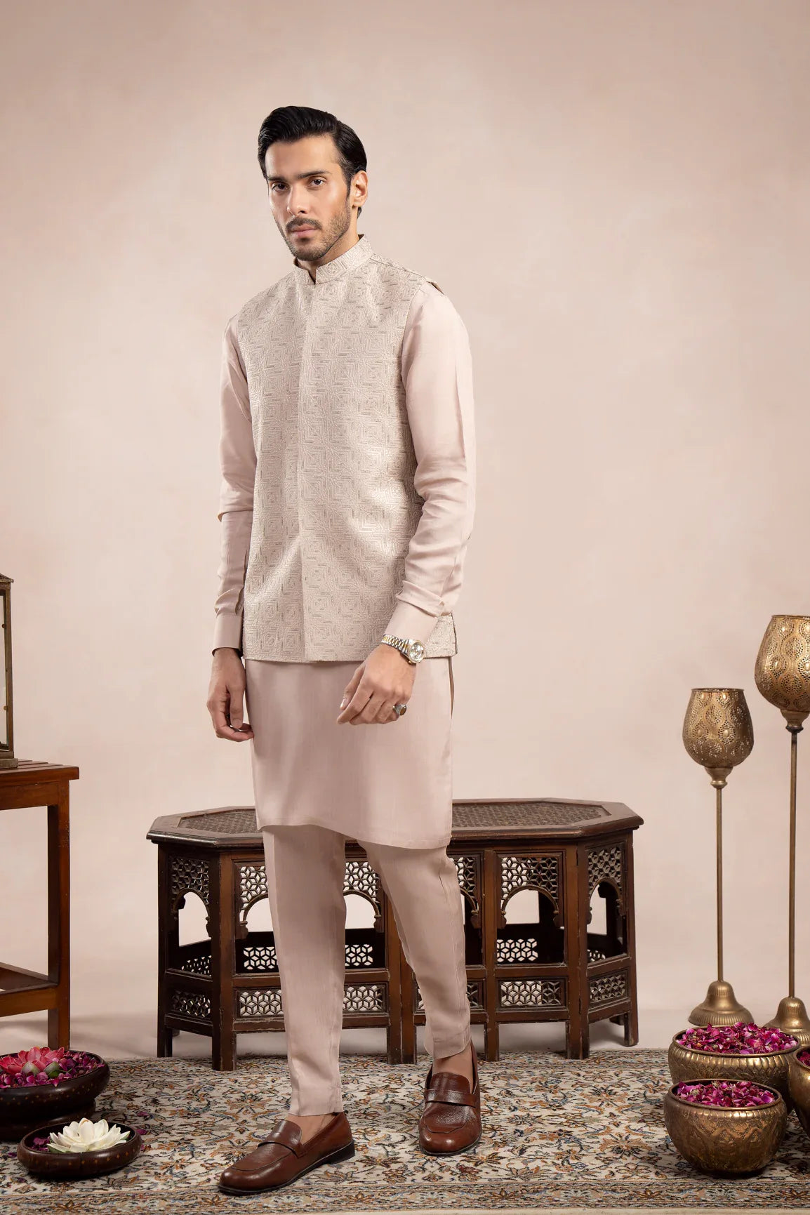 Coffee Beige Kurta Trouser with Square Embroidered Waistcoat - 3PC - Men - Muraqsh -- Wedding Wear