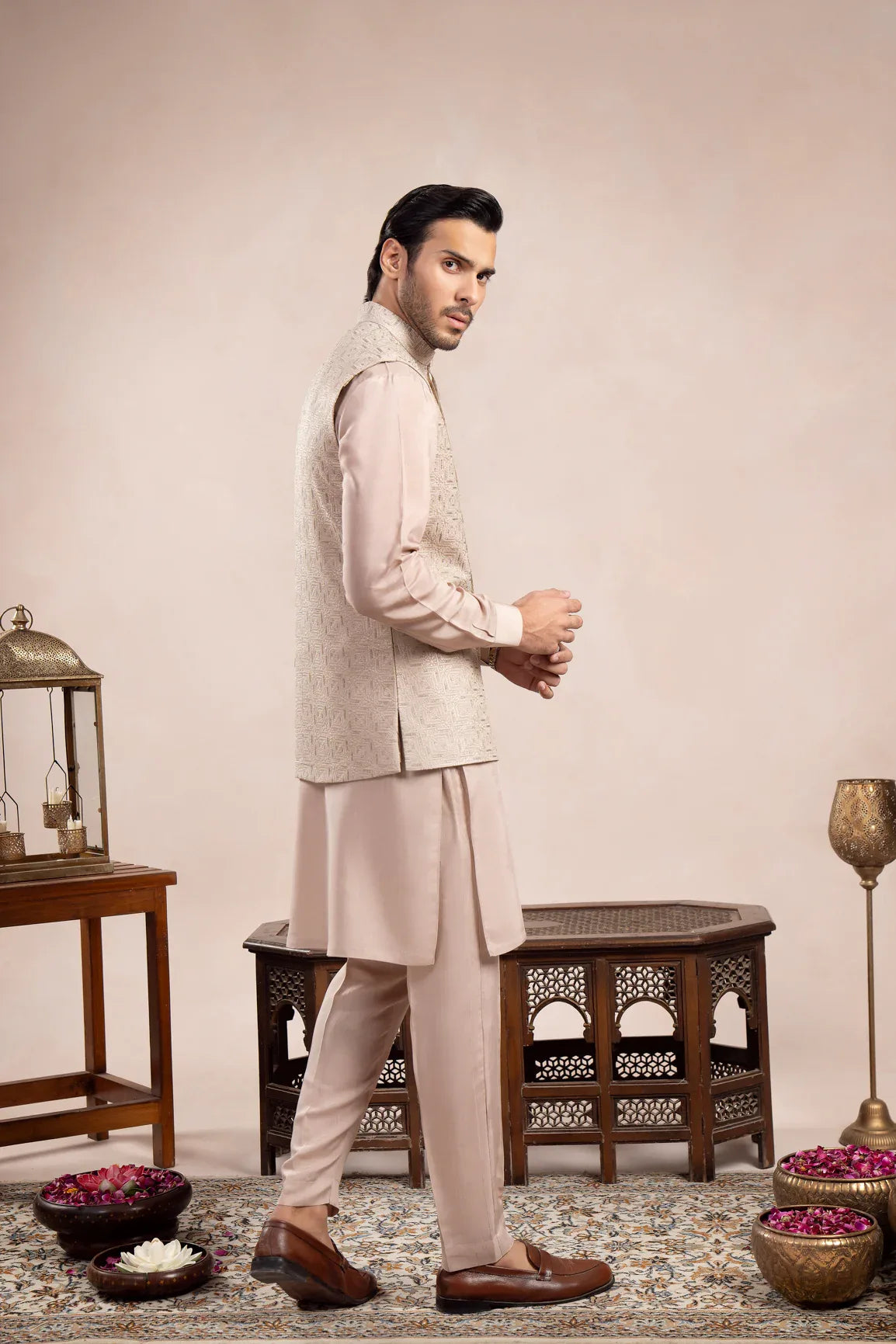 Coffee Beige Kurta Trouser with Square Embroidered Waistcoat - 3PC - Men - Muraqsh -- Wedding Wear