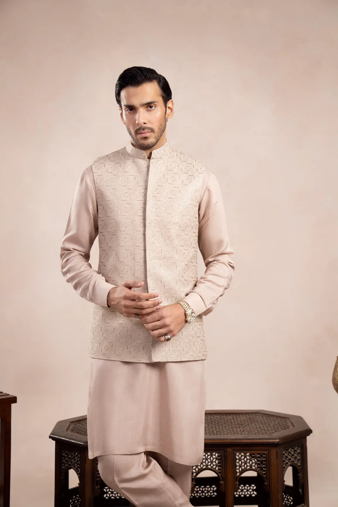 Coffee Beige Kurta Trouser with Square Embroidered Waistcoat - 3PC - Men - Muraqsh -- Wedding Wear