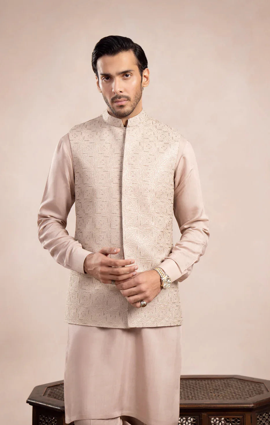 Coffee Beige Square Embroidered Waistcoat - Men - Muraqsh -- Wedding Wear