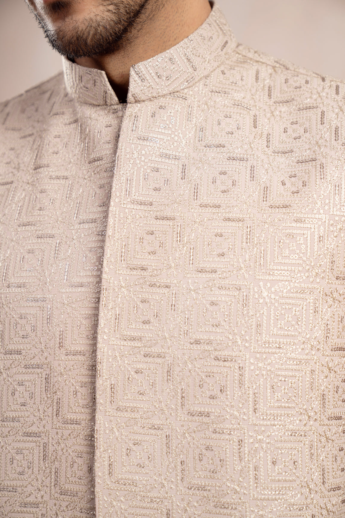 Coffee Beige Kurta Trouser with Square Embroidered Waistcoat - 3PC - Men