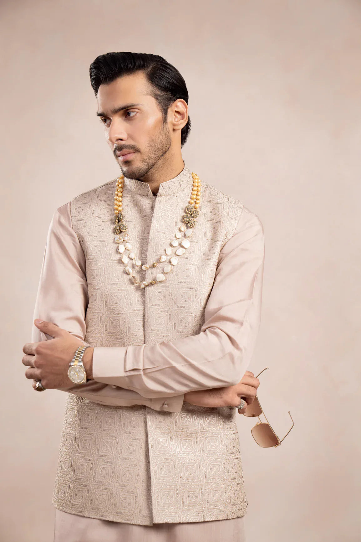 Coffee Beige Kurta Trouser with Square Embroidered Waistcoat - 3PC - Men - Muraqsh -- Wedding Wear