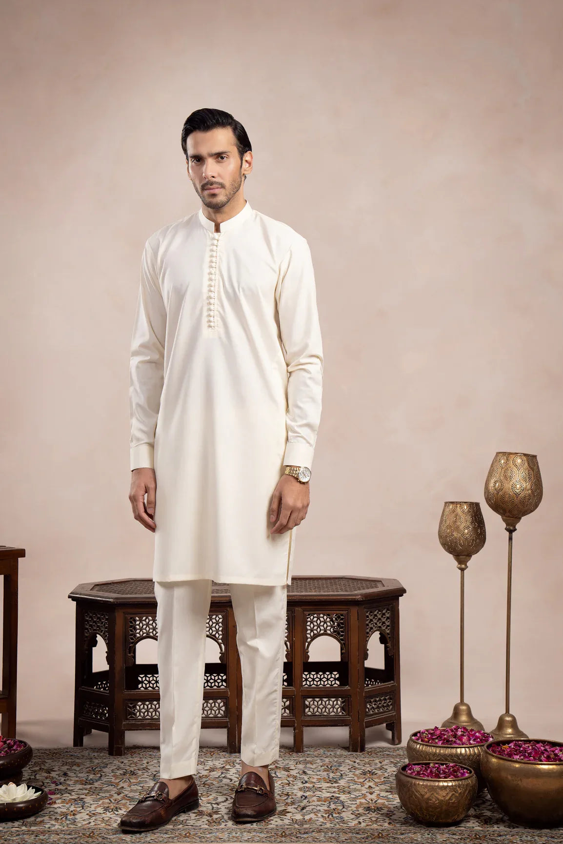 Bosky White Blended Kurta Trouser - Loop Buttons - Men - Muraqsh -- Wedding Wear