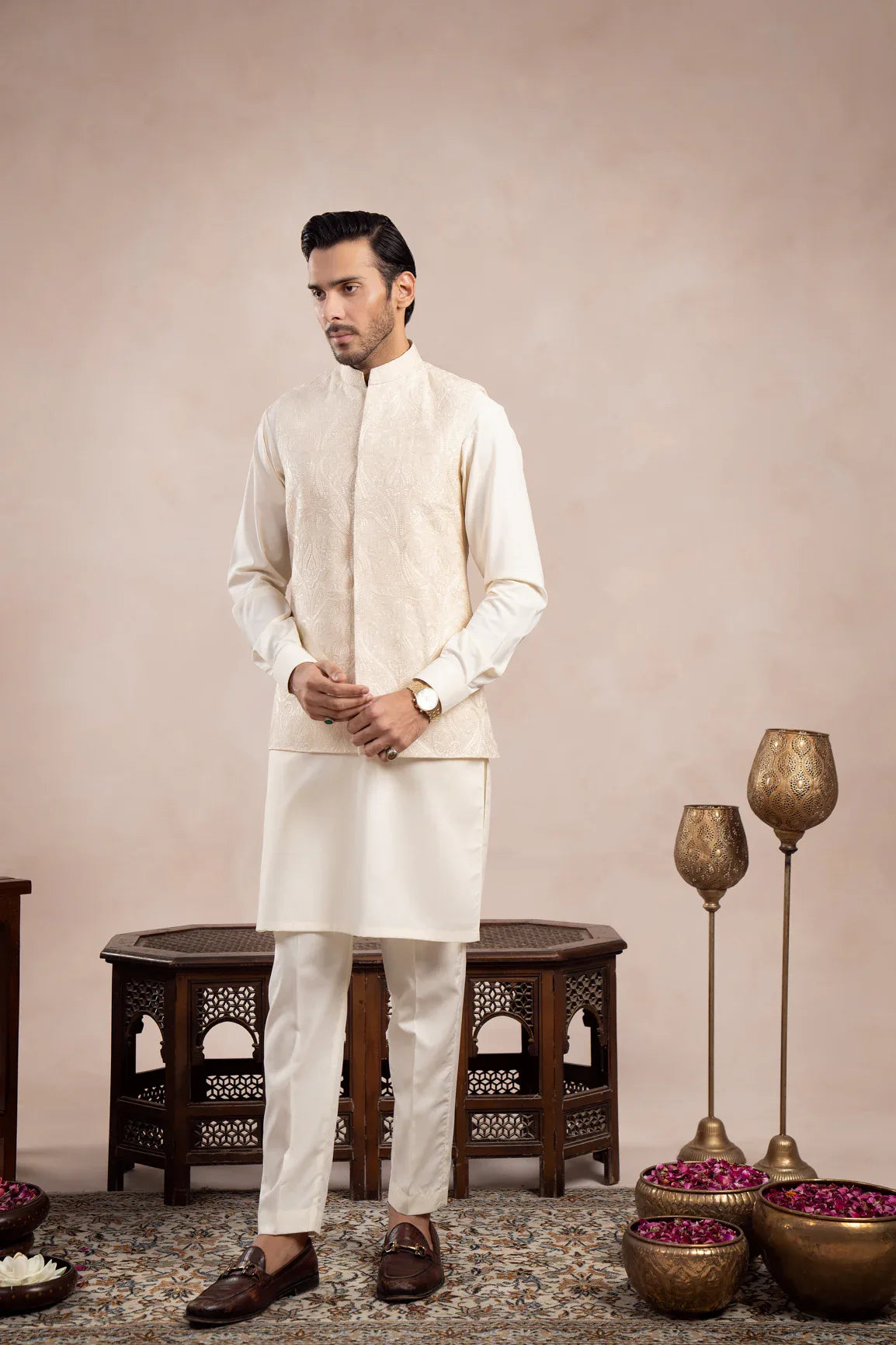 Muraqsh Ready To Wear Solids Bosky Men Bosky White Luxury Formal Kameez Shalwar with Blended Waistcoat Straight Cut Buttoned MUR-BWFKS - Summer Collection