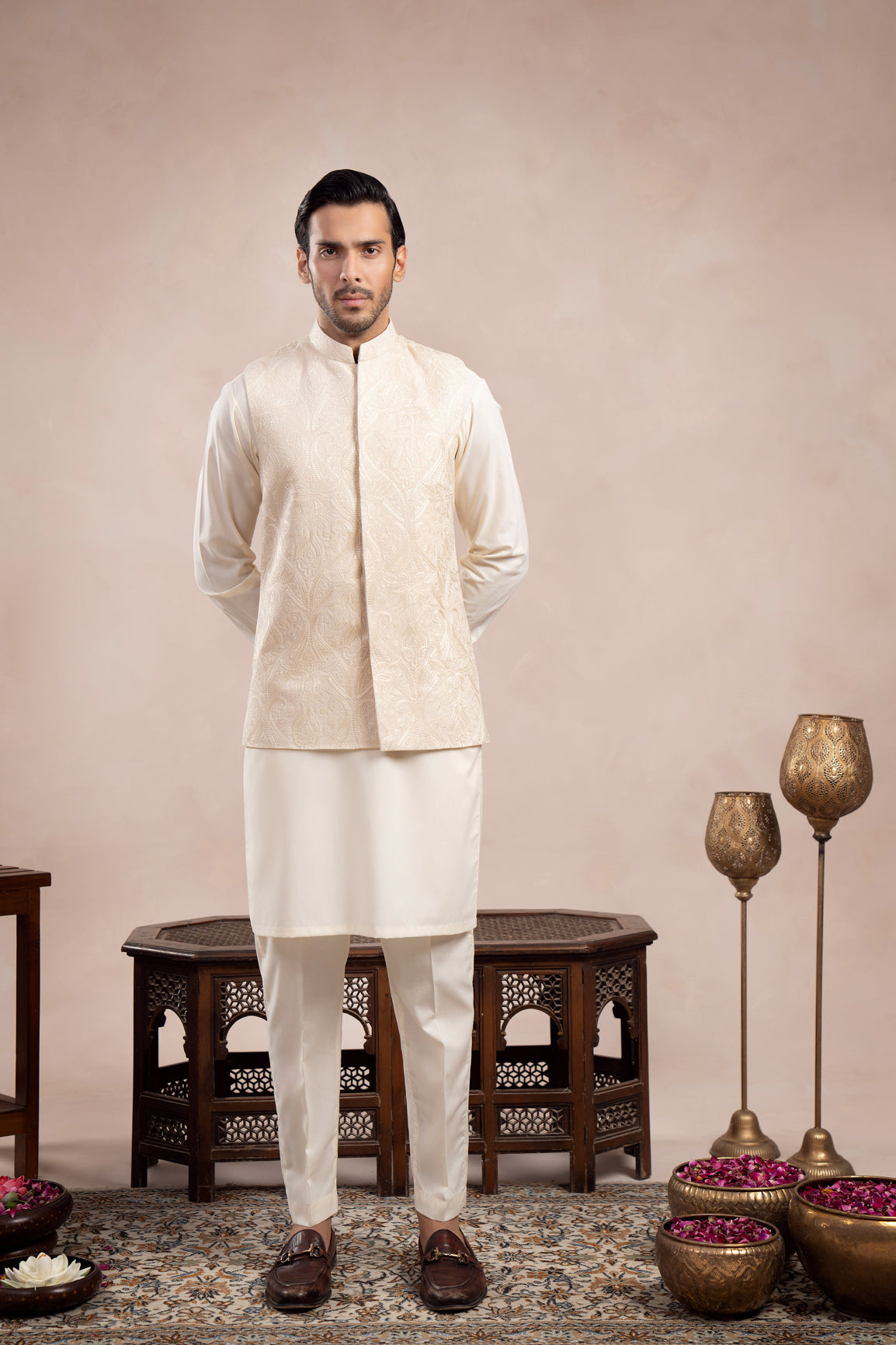 Bosky White Kurta Trouser with Cross Stitched Embroidered Waistcoat - 3PC - Men