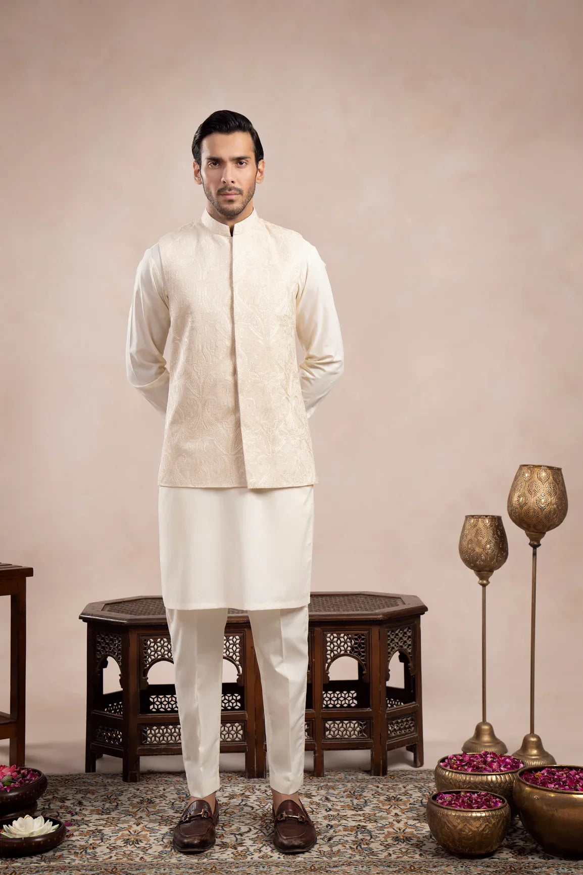 Bosky White Kurta Trouser with Cross Stitched Embroidered Waistcoat - 3PC - Men - Muraqsh -- Wedding Wear