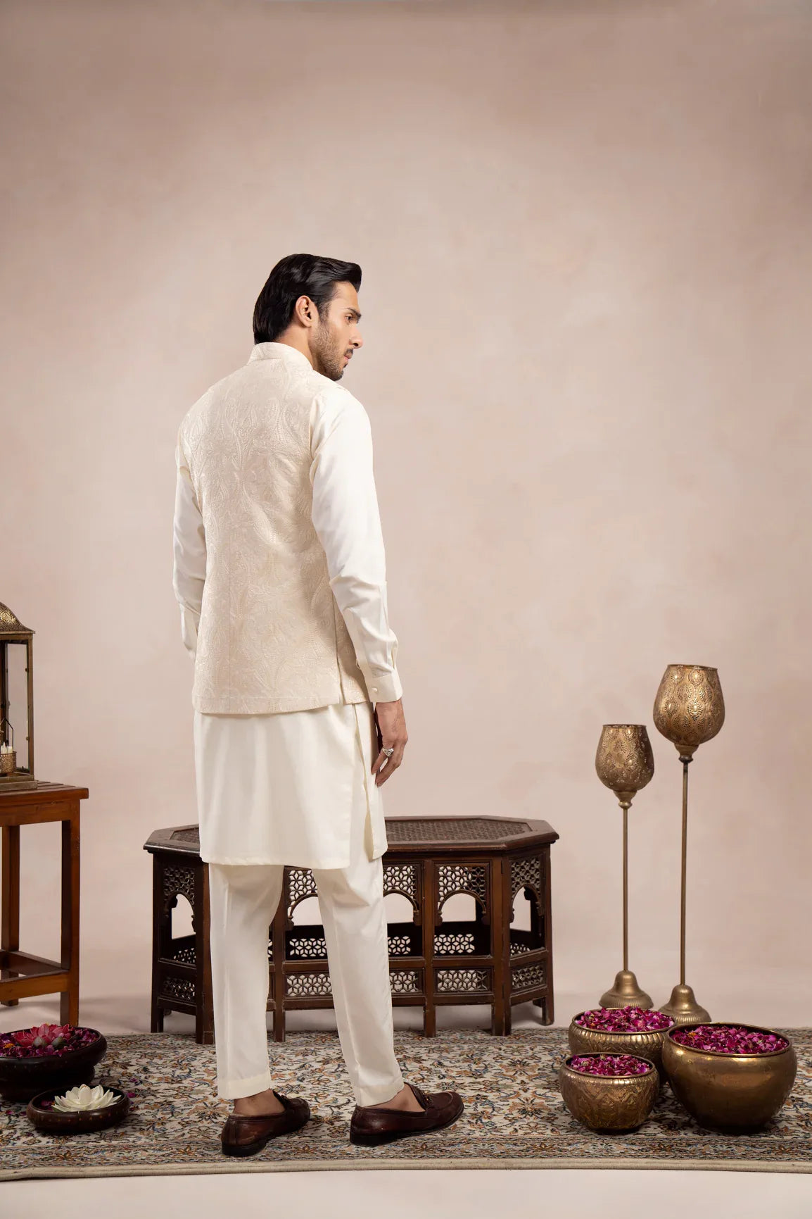 Bosky White Kurta Trouser with Cross Stitched Embroidered Waistcoat - 3PC - Men - Muraqsh -- Wedding Wear