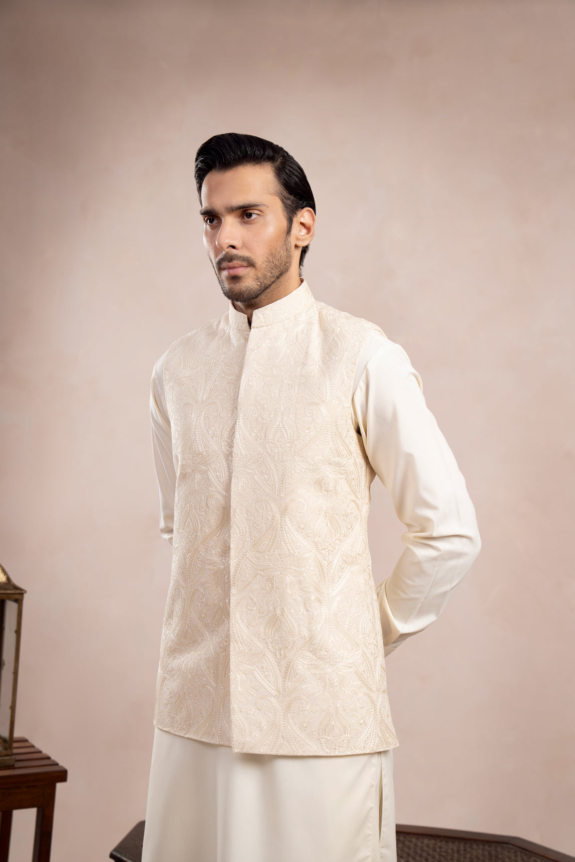 Bosky White Kurta Trouser with Cross Stitched Embroidered Waistcoat - 3PC - Men