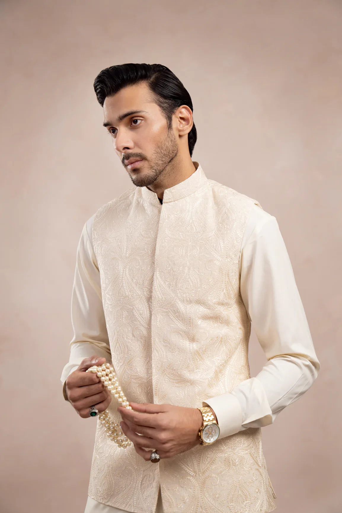 Bosky White Kurta Trouser with Cross Stitched Embroidered Waistcoat - 3PC - Men - Muraqsh -- Wedding Wear