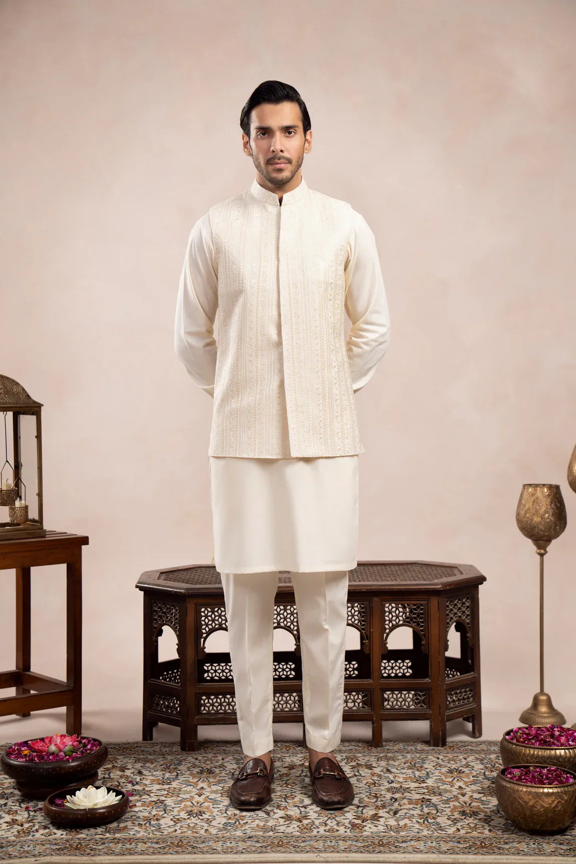 Bosky White Kurta Trouser with Falling Embroidered Waistcoat - 3PC - Men - Muraqsh -- Wedding Wear