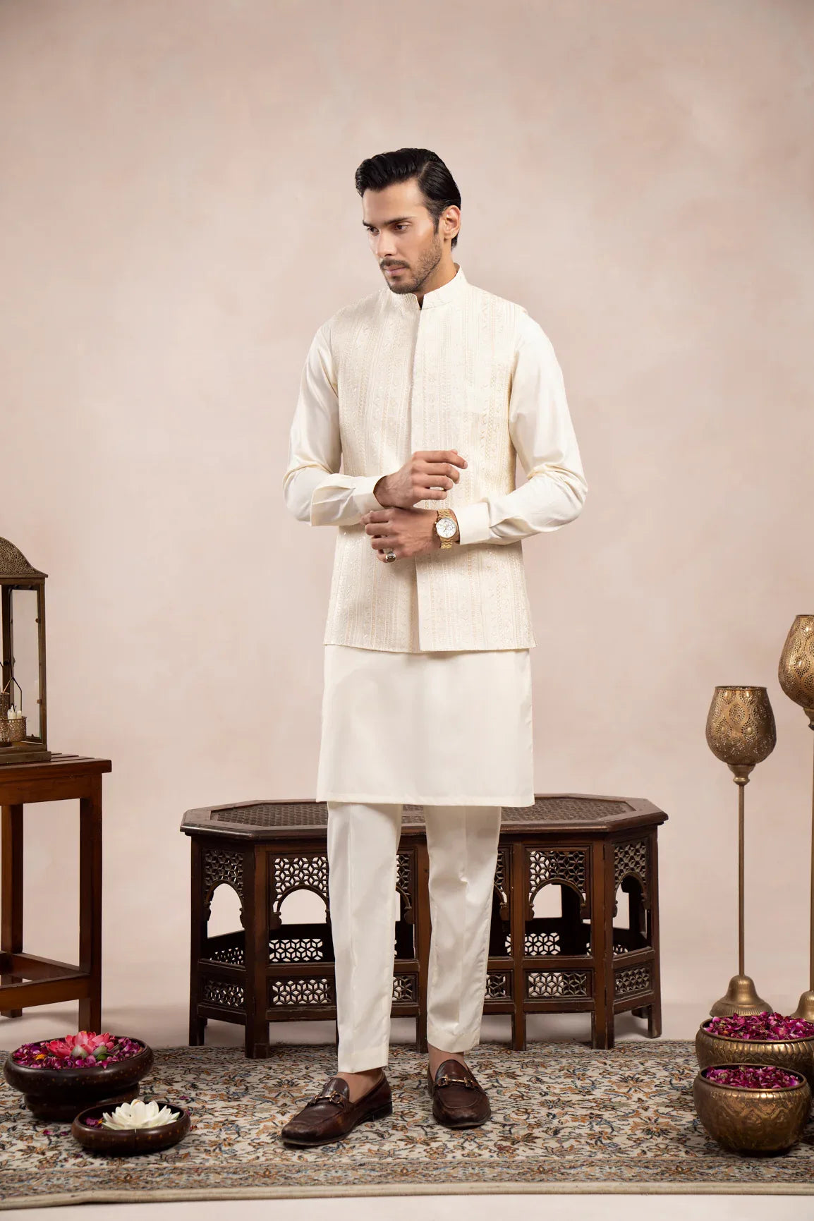 Bosky White Kurta Trouser with Falling Embroidered Waistcoat - 3PC - Men - Muraqsh -- Wedding Wear