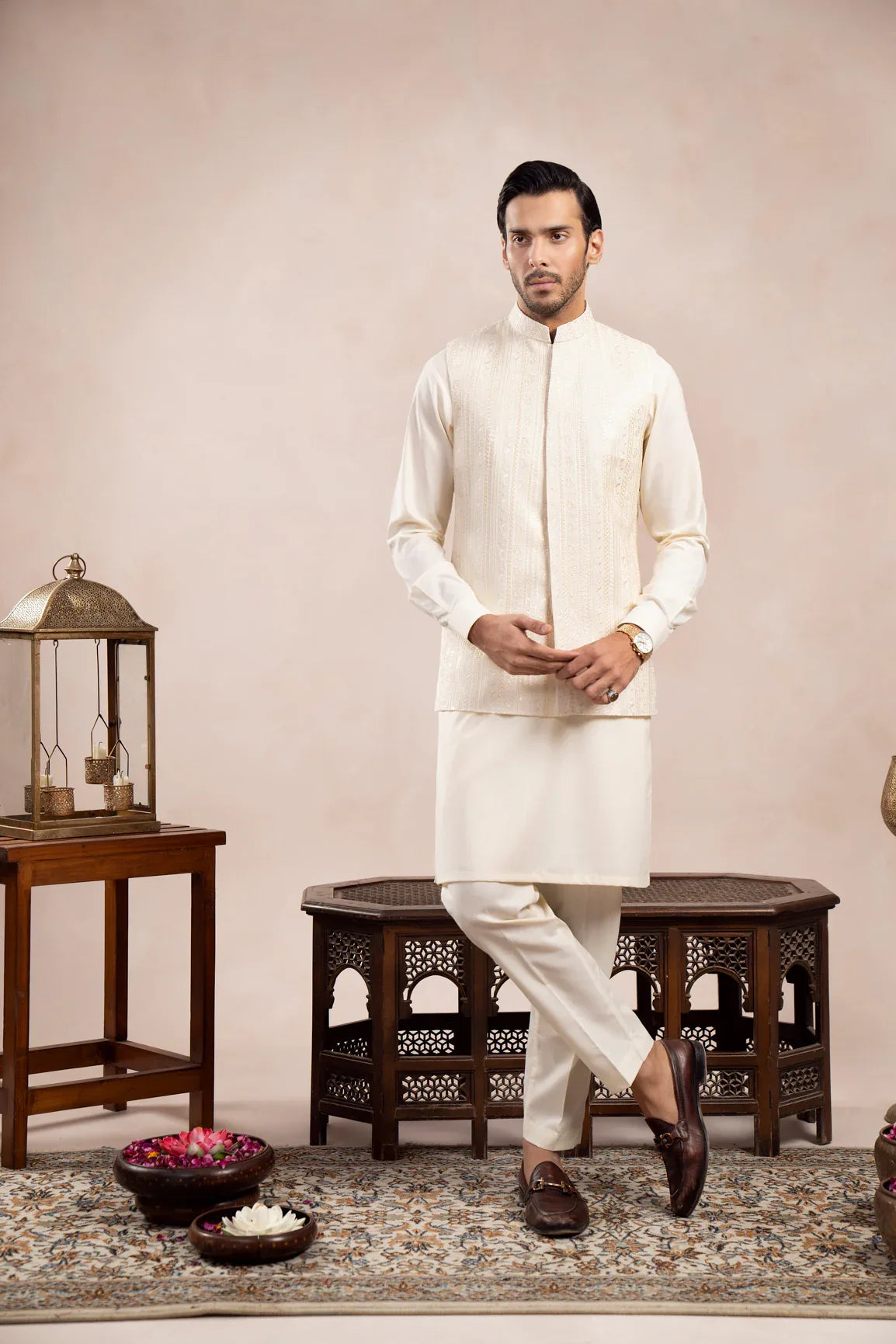 Bosky White Kurta Trouser with Falling Embroidered Waistcoat - 3PC - Men - Muraqsh -- Wedding Wear