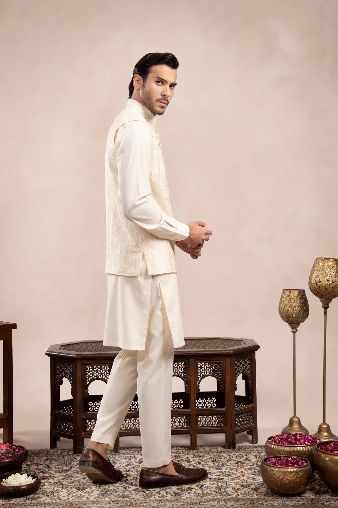 Bosky White Kurta Trouser with Falling Embroidered Waistcoat - 3PC - Men - Muraqsh -- Wedding Wear