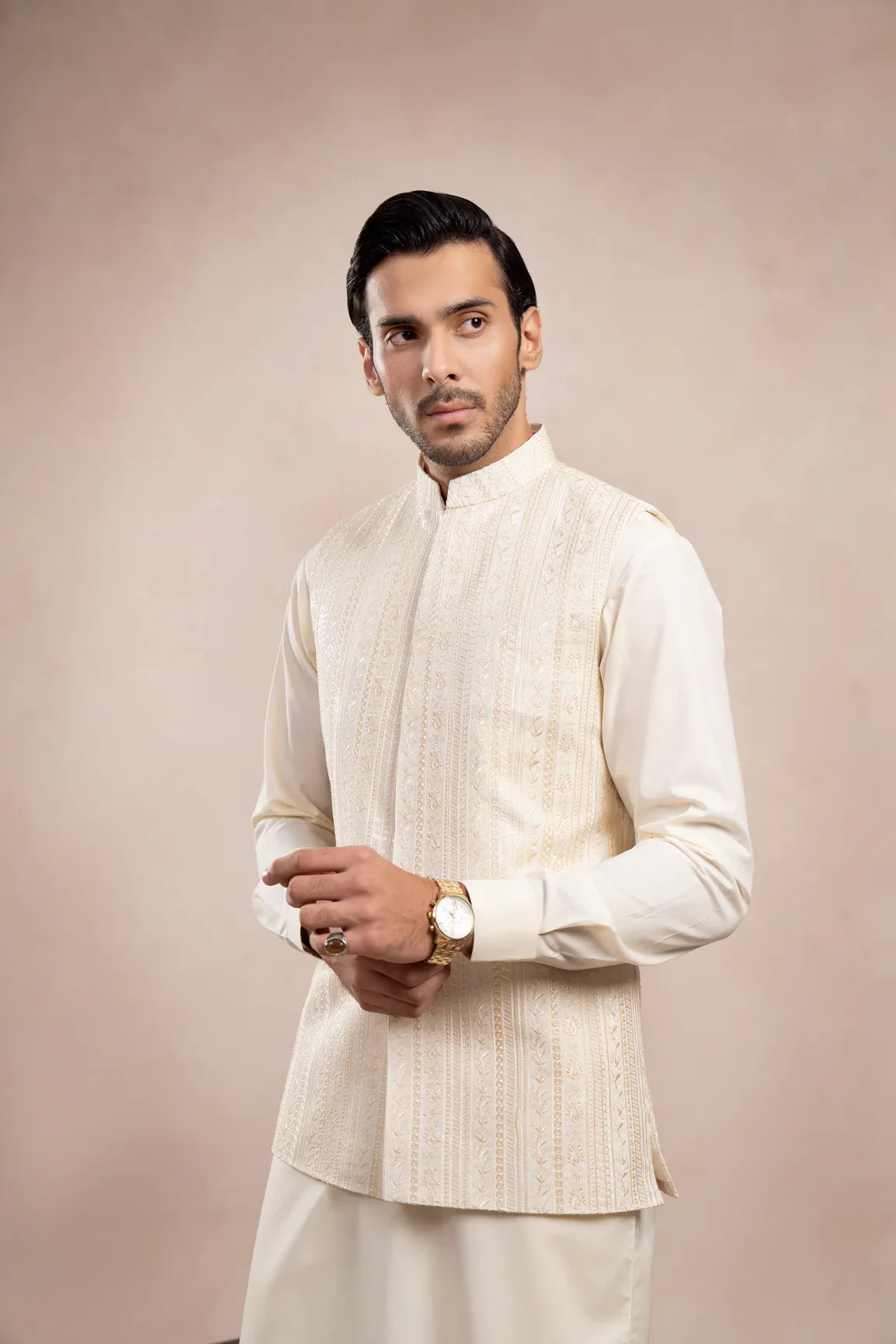 Bosky White Kurta Trouser with Falling Embroidered Waistcoat - 3PC - Men - Muraqsh -- Wedding Wear