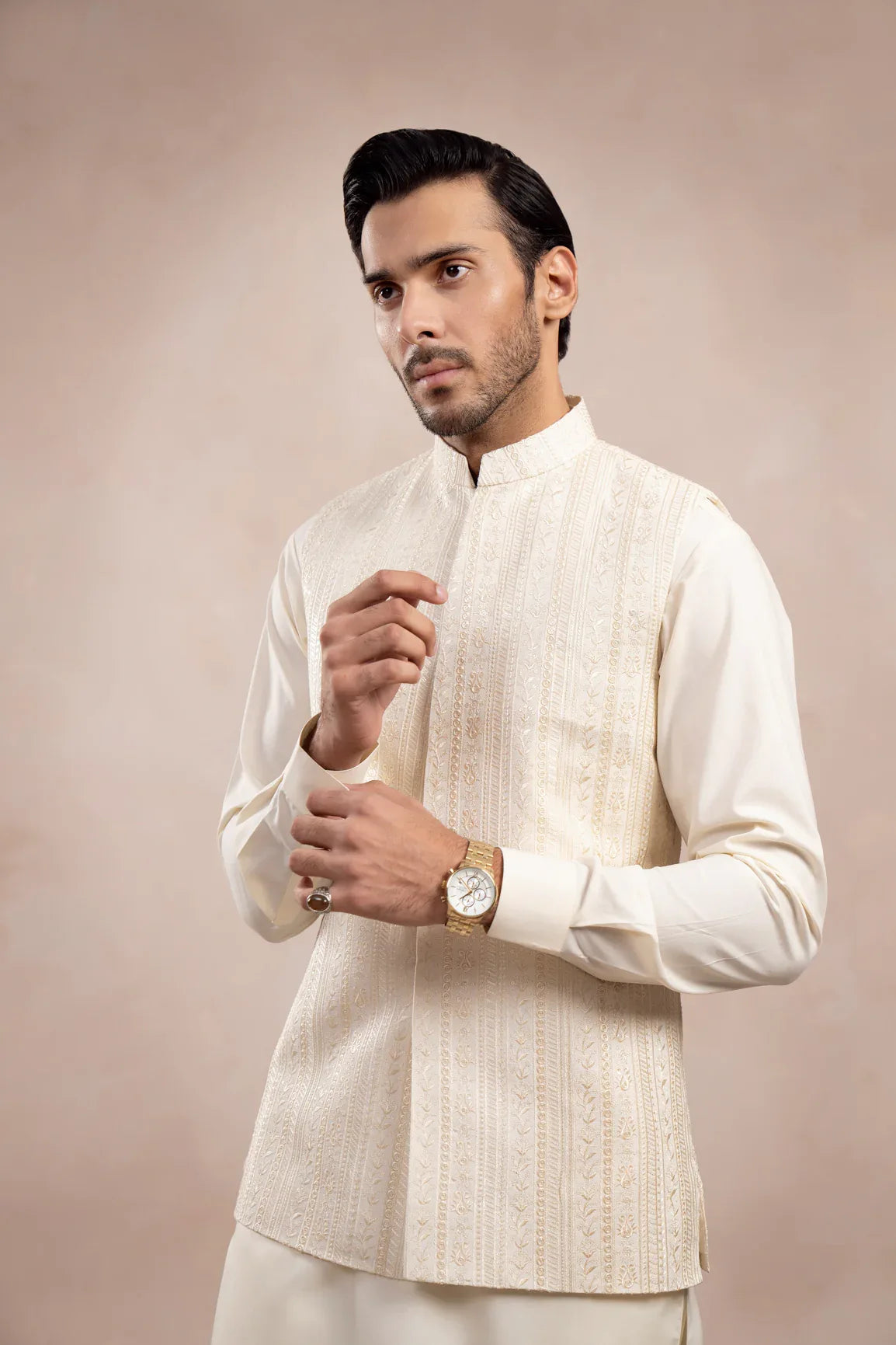 Bosky White Kurta Trouser with Falling Embroidered Waistcoat - 3PC - Men - Muraqsh -- Wedding Wear