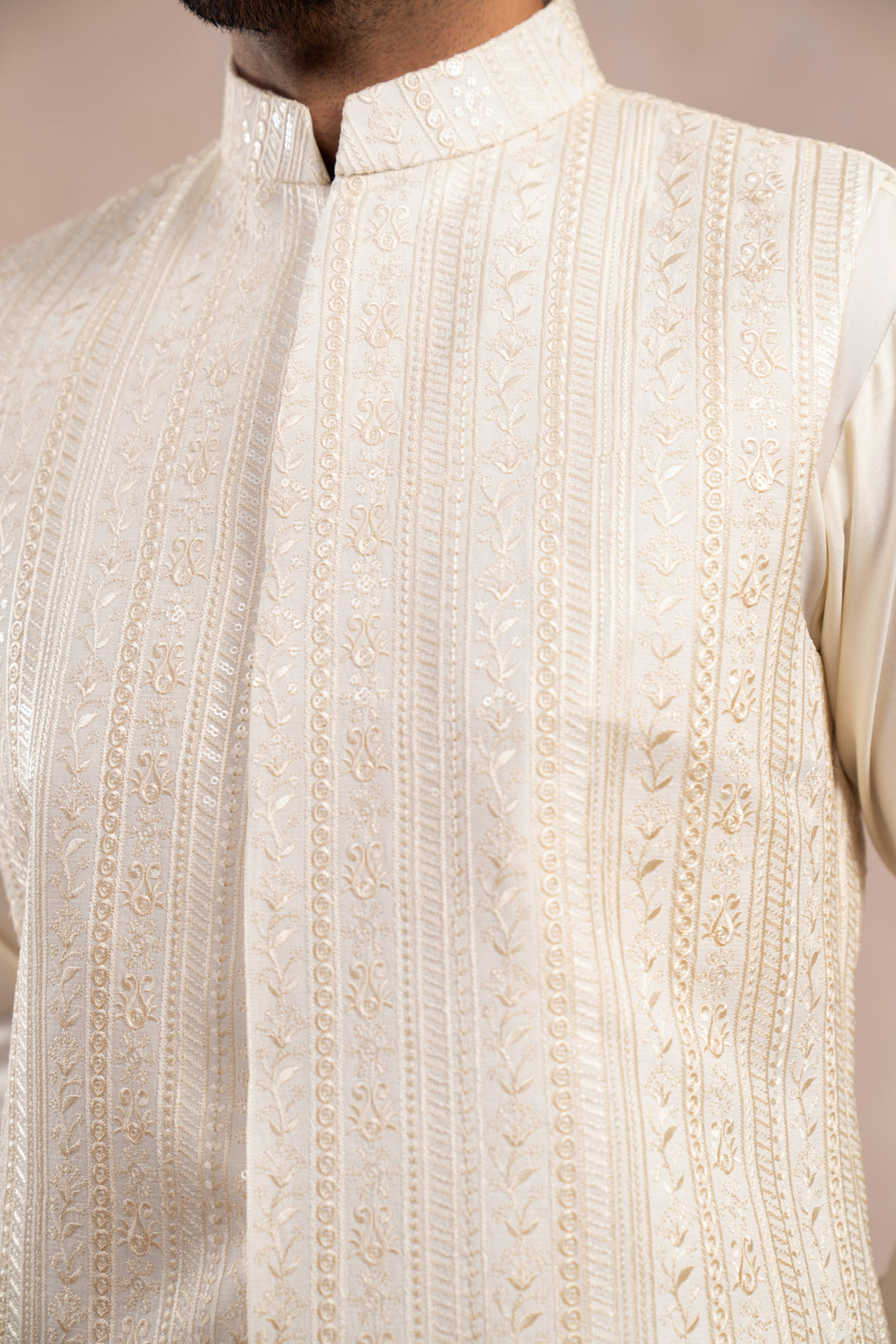 Bosky White Kurta Trouser with Falling Embroidered Waistcoat - 3PC - Men