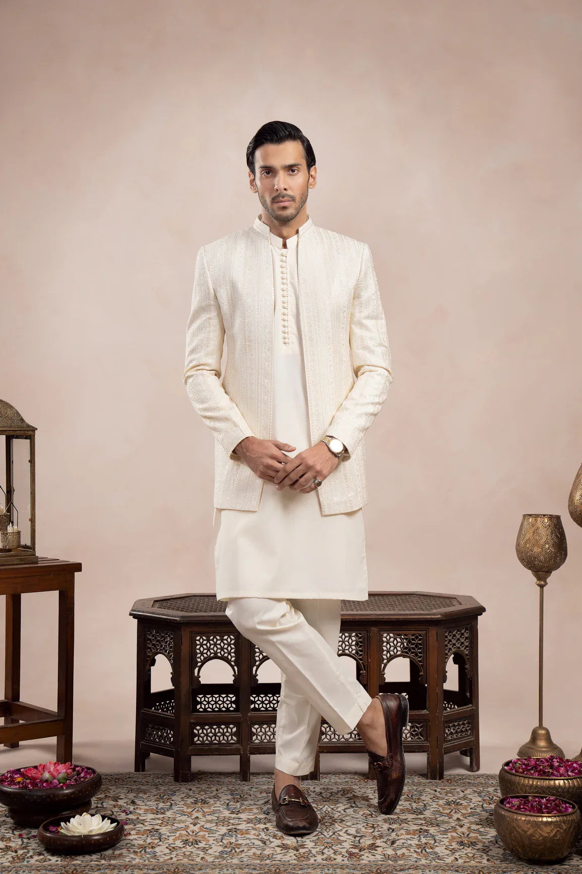 Bosky White Loop Kurta Trouser with Falling Embroidered Open Prince Coat - 3PC - Men - Muraqsh -- Wedding Wear