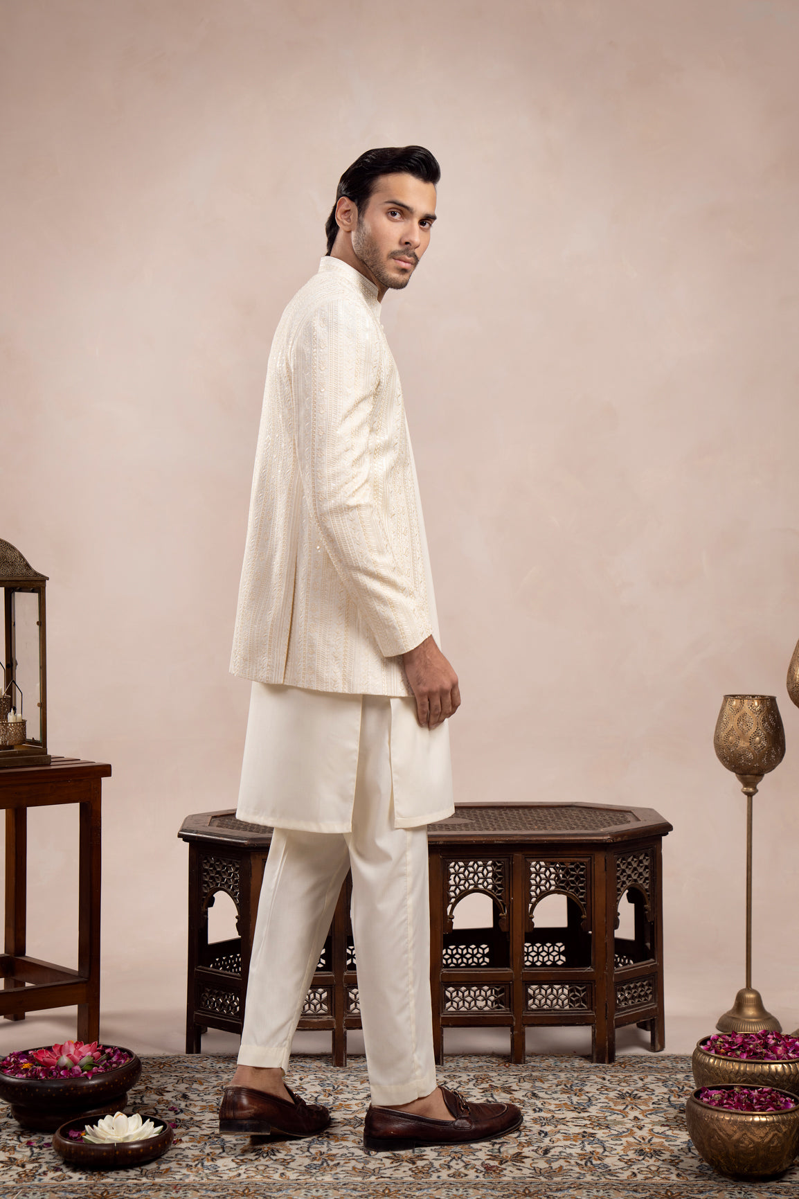 Bosky White Loop Kurta Trouser with Falling Embroidered Open Prince Coat - 3PC - Men