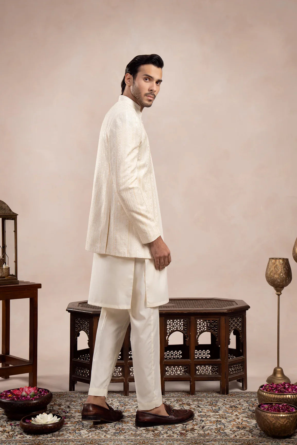 Bosky White Loop Kurta Trouser with Falling Embroidered Open Prince Coat - 3PC - Men - Muraqsh -- Wedding Wear