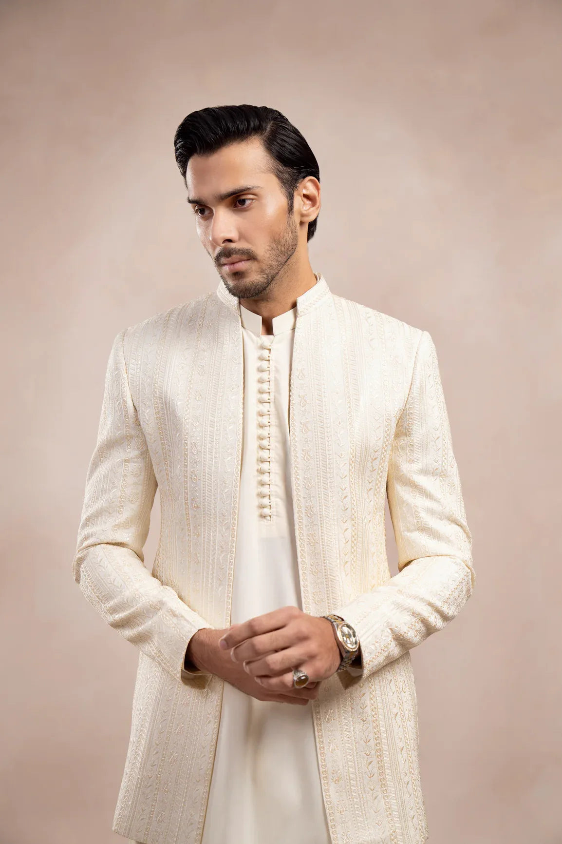 Bosky White Falling Embroidered Open Prince Coat - Men - Muraqsh -- Wedding Wear
