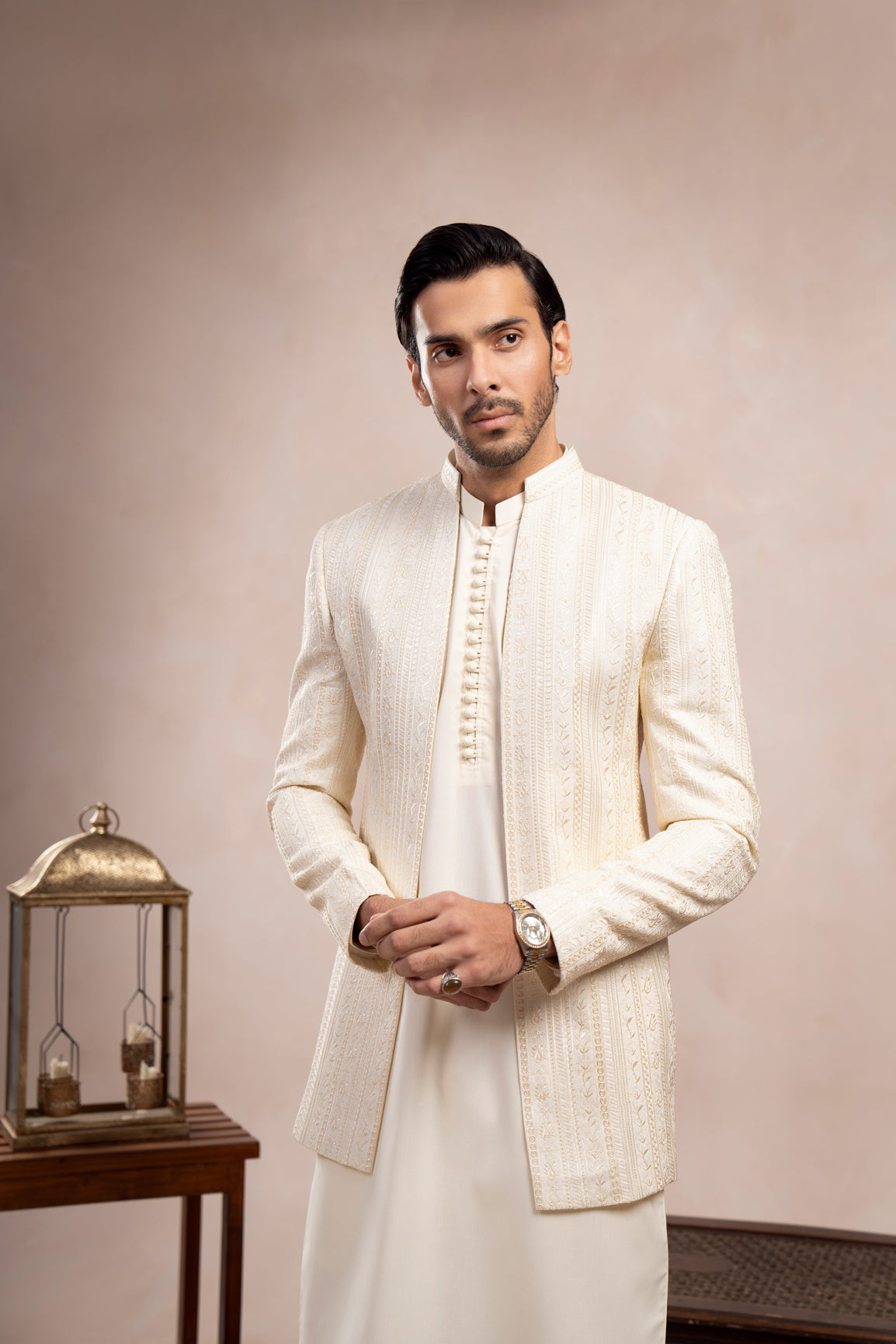 Bosky White Loop Kurta Trouser with Falling Embroidered Open Prince Coat - 3PC - Men