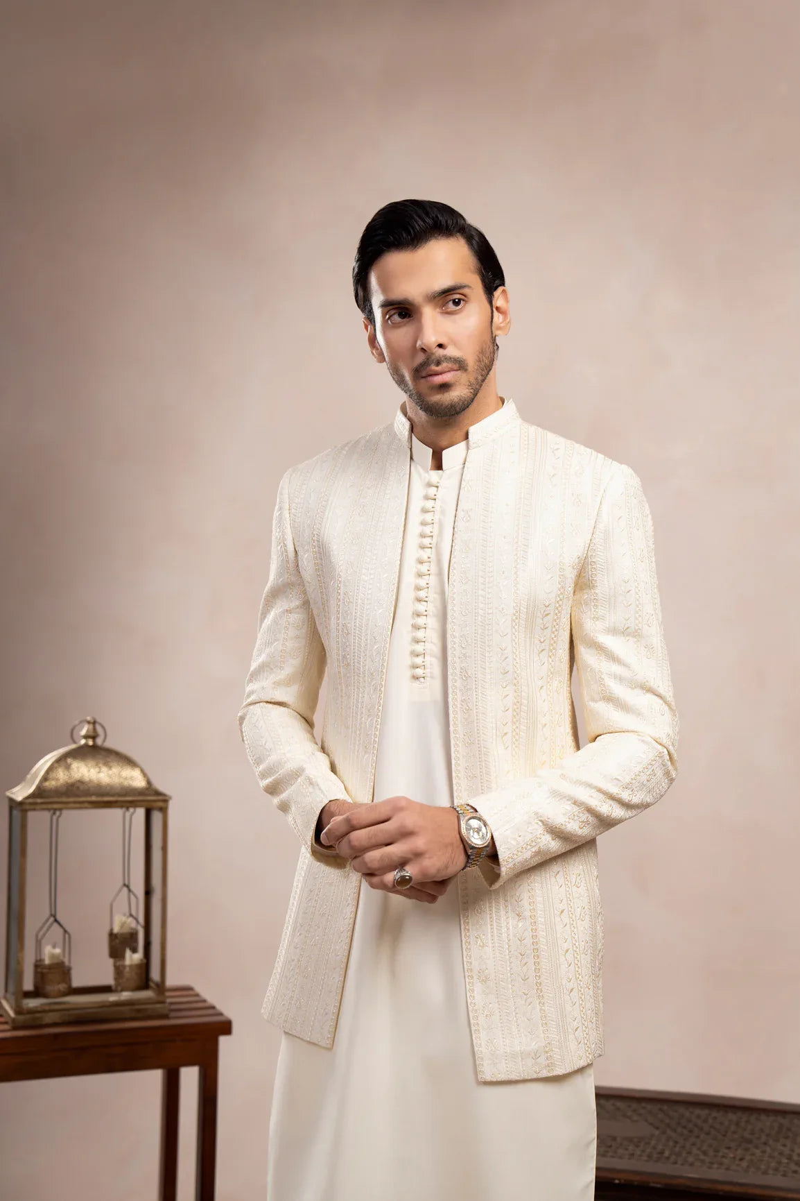 Bosky White Loop Kurta Trouser with Falling Embroidered Open Prince Coat - 3PC - Men - Muraqsh -- Wedding Wear