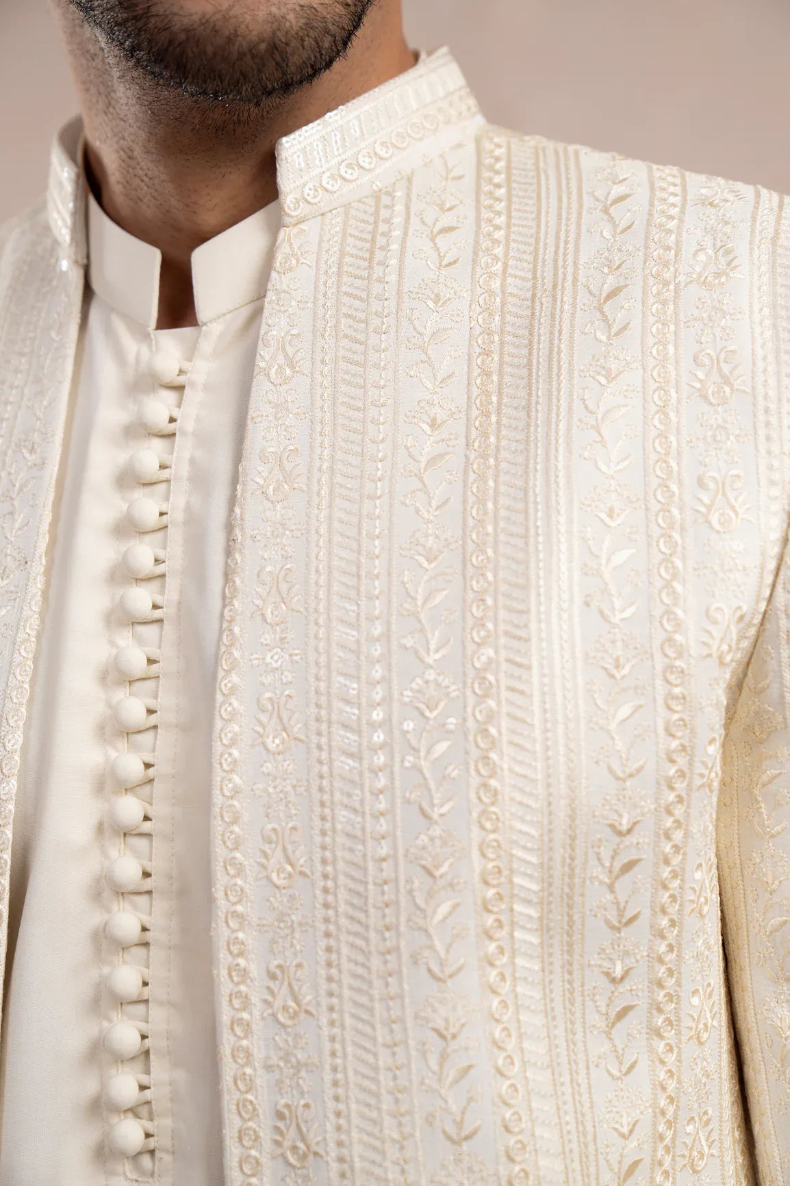 Bosky White Falling Embroidered Open Prince Coat - Men - Muraqsh -- Wedding Wear