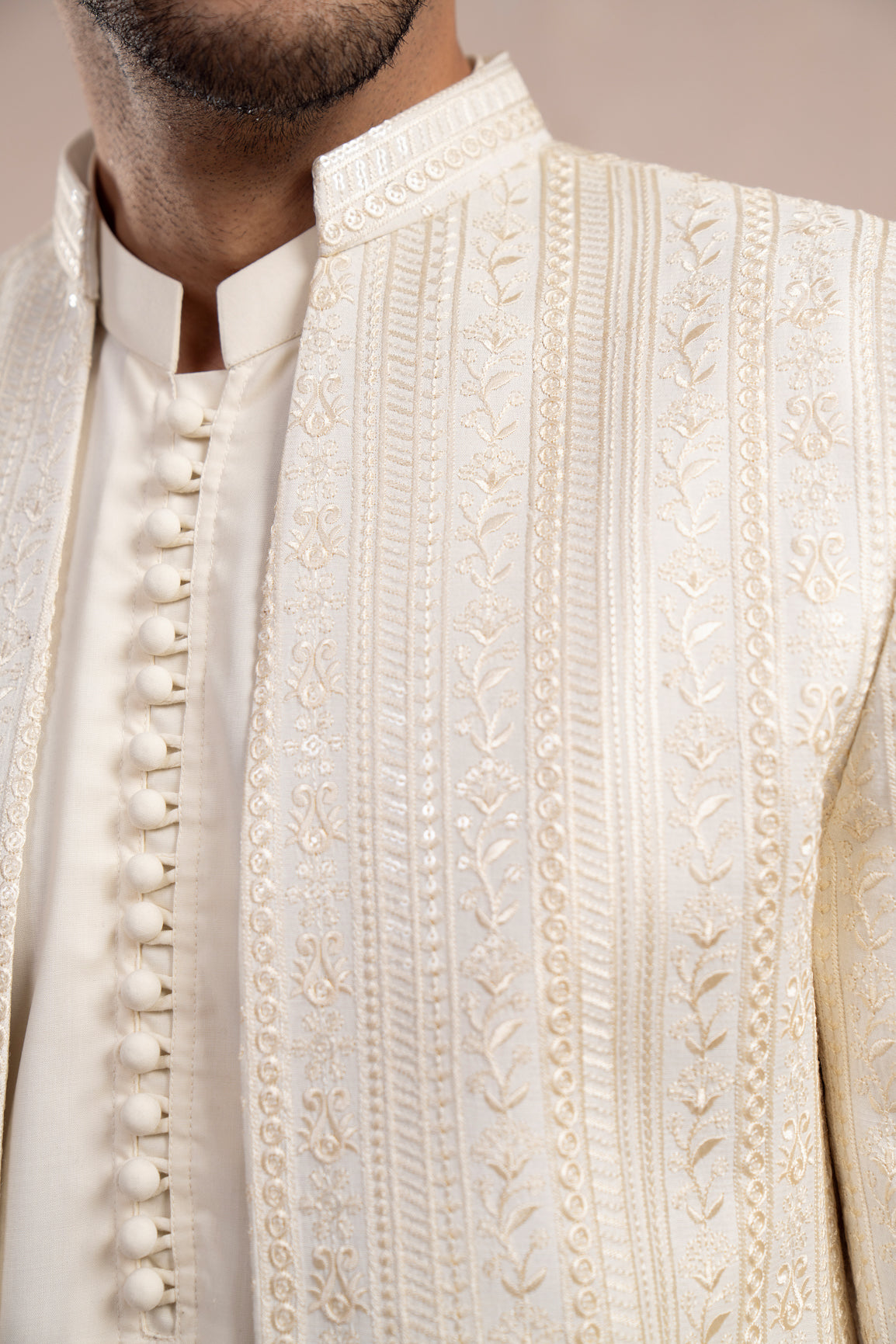 Bosky White Loop Kurta Trouser with Falling Embroidered Open Prince Coat - 3PC - Men