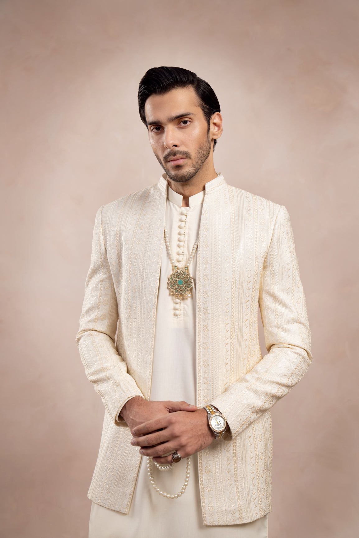 Bosky White Loop Kurta Trouser with Falling Embroidered Open Prince Coat - 3PC - Men