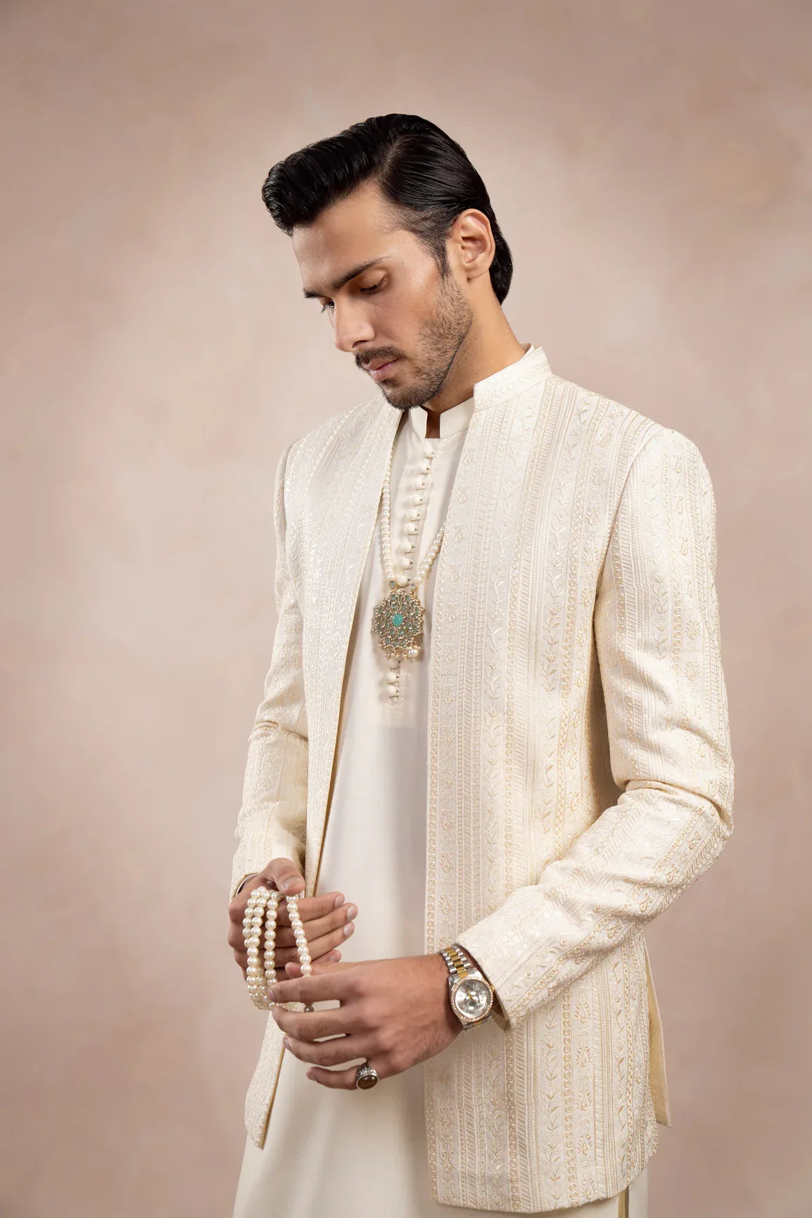 Bosky White Falling Embroidered Open Prince Coat - Men - Muraqsh -- Wedding Wear