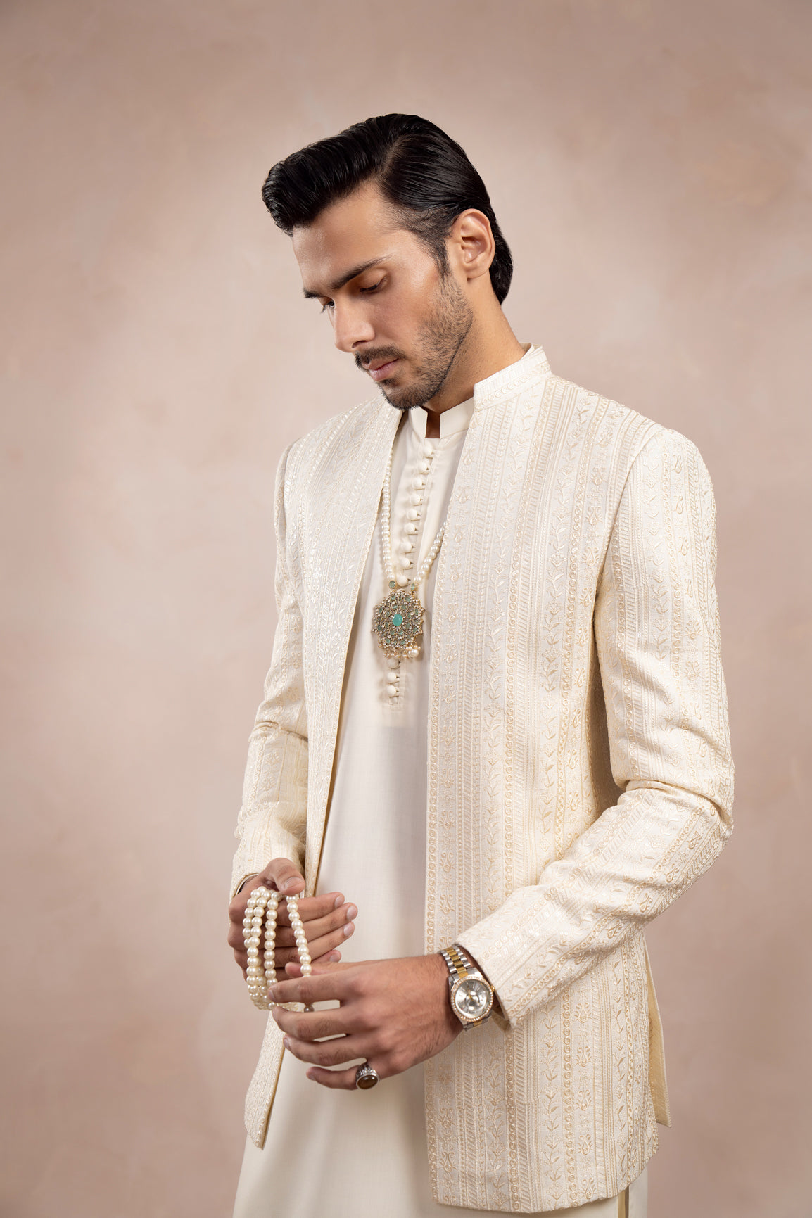 Bosky White Loop Kurta Trouser with Falling Embroidered Open Prince Coat - 3PC - Men