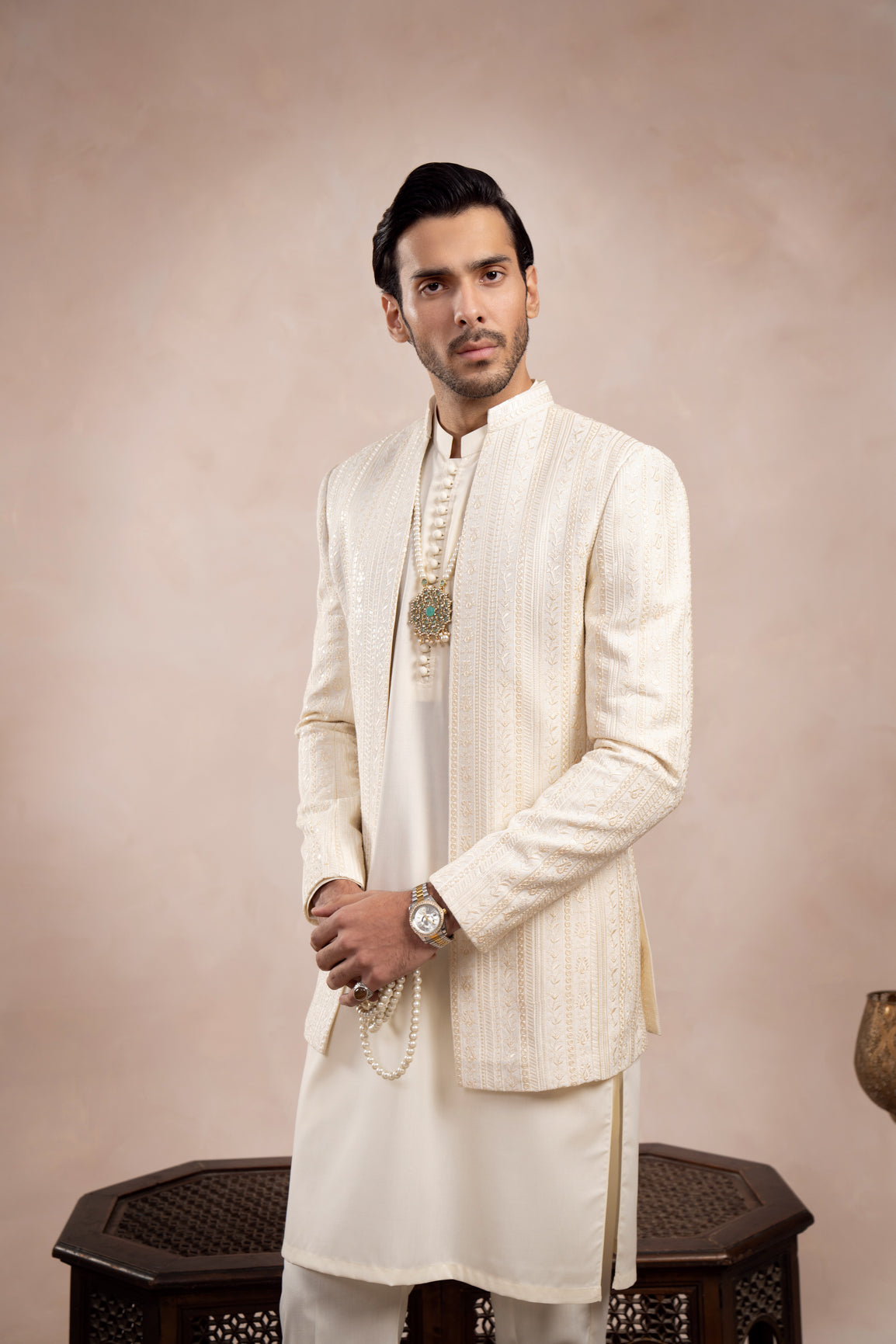 Bosky White Loop Kurta Trouser with Falling Embroidered Open Prince Coat - 3PC - Men