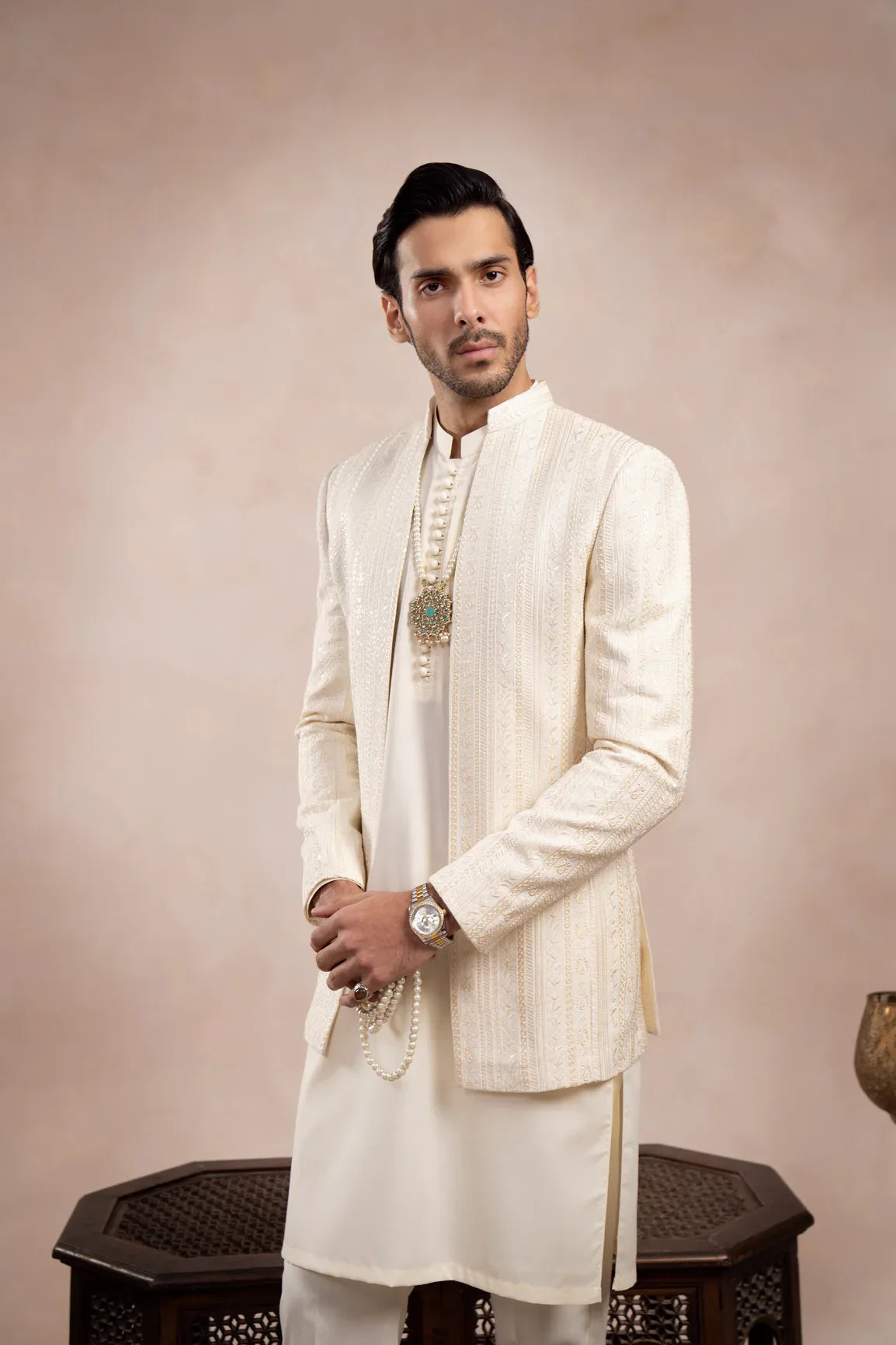 Bosky White Loop Kurta Trouser with Falling Embroidered Open Prince Coat - 3PC - Men - Muraqsh -- Wedding Wear