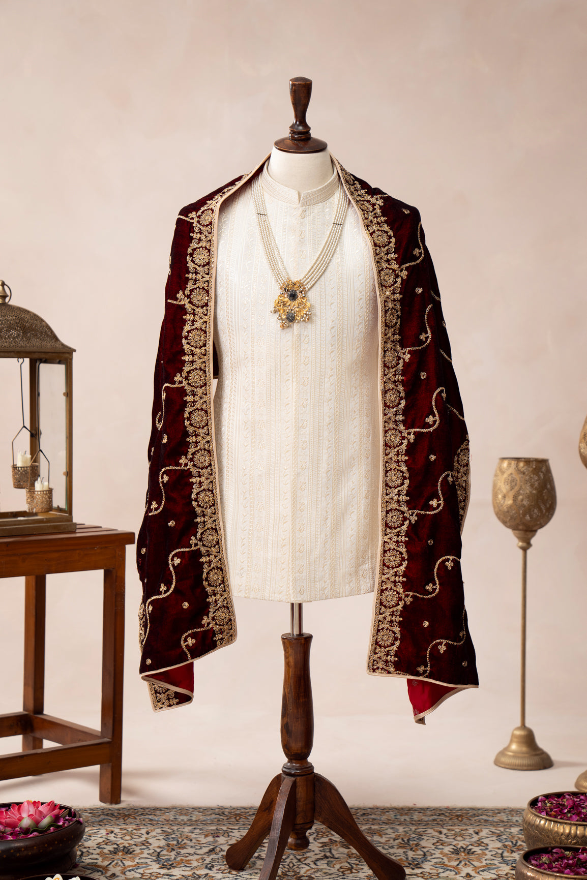 Maroon Embroidered Velvet Shawl - Men
