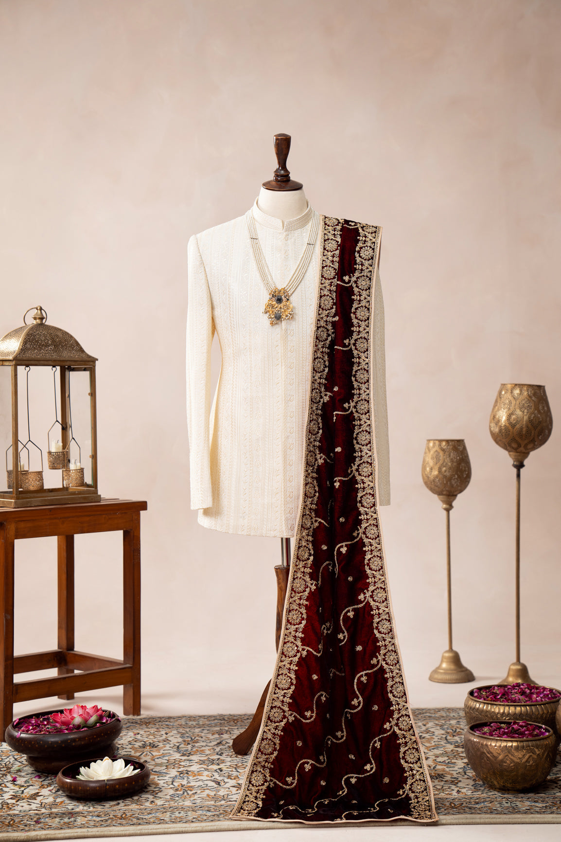 Maroon Embroidered Velvet Shawl - Men