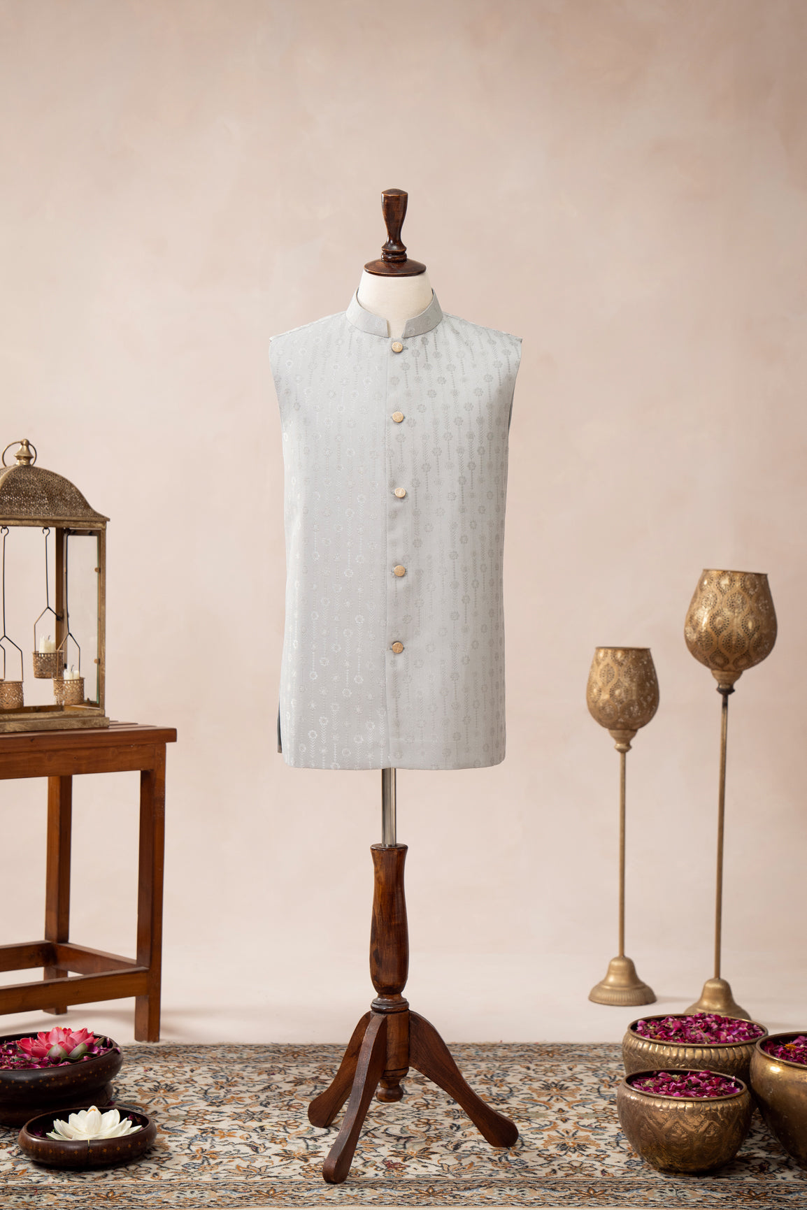 Sky Blue Jamawar Textured Waistcoat - Men
